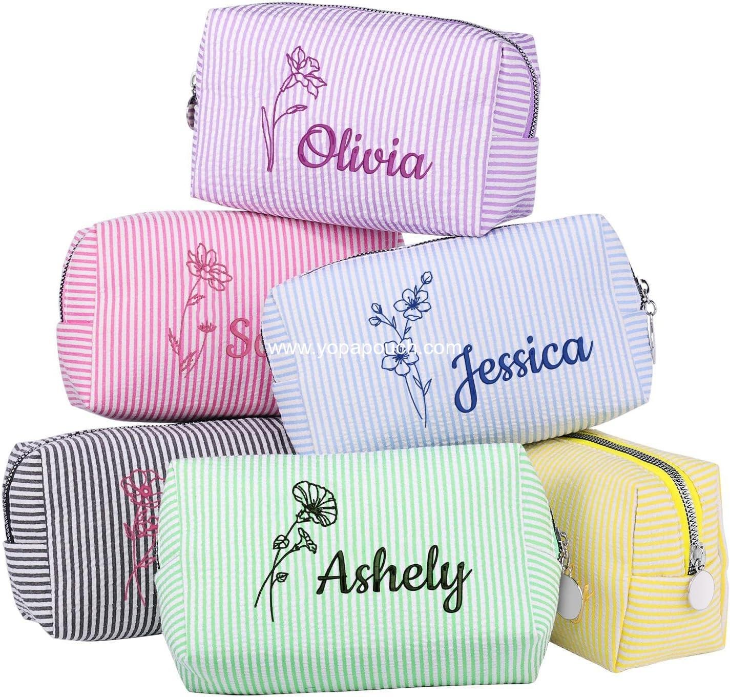 OEM Personalized Seersucker Makeup Bag with Embroidered Name and Birth Flower, Custom Small Travel Cosmetic Toiletry Bag Wedding Gifts for Bridesmaid Bride (Makeup Bag with Birth Flower) Supplier