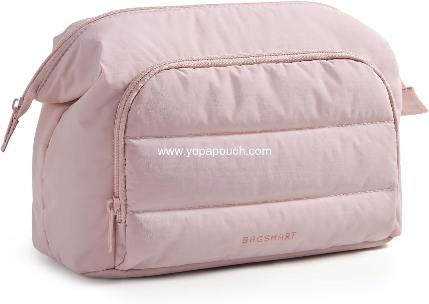 OEM Pink Makeup Bag Travel Toiletry Organizer, Puffy Padded Pouch for Women, Wide-Open Design for Essentials and Brushes, Factory
