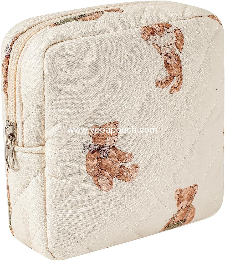 OEM Small Quilted Cotton Makeup Bag for Purse, Cosmetic Bag with Compartments, Travel Toiletry Pouch, Key Pocket Lipstick Bag and Card Holder Data Cable Organizer (01 White Bear) - Wholesale Supplier