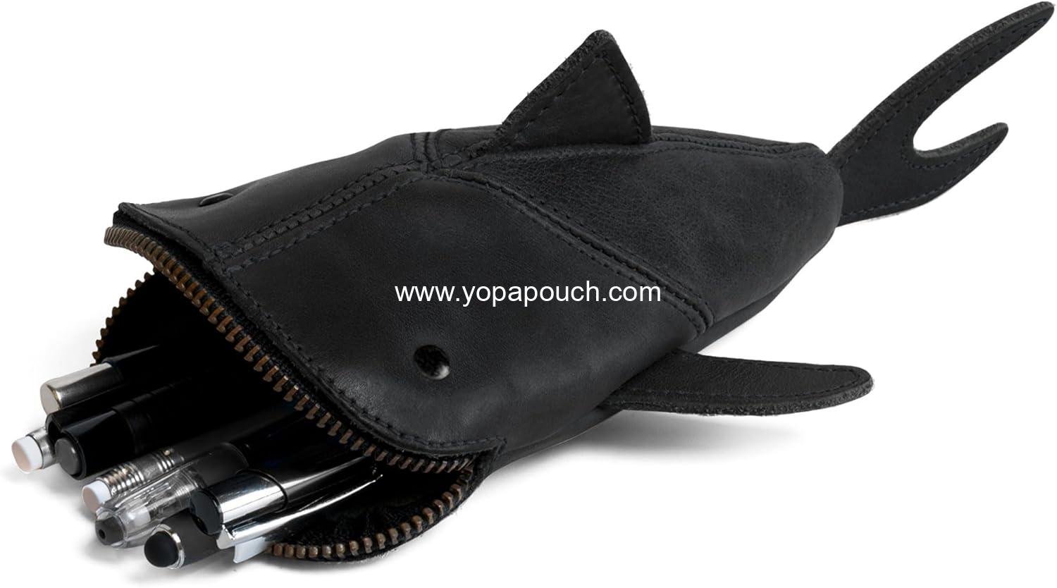 OEM Zip Coin Pouch Shark Shaped Case Stuffed Animal Bank Change Bag Pencil Purse Cable Holder Full Grain Leather Handmade Wallet Charcoal Black Supplier