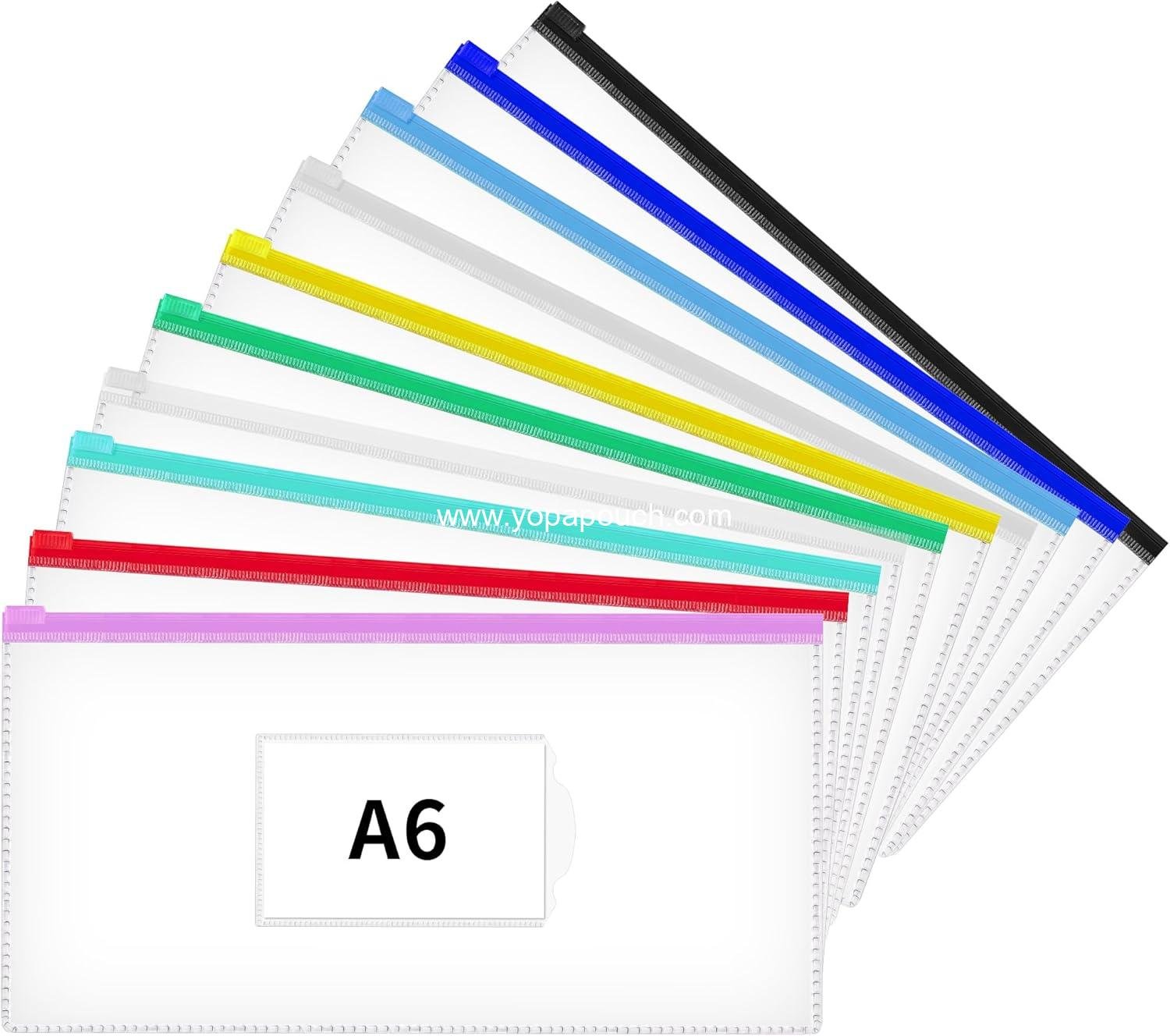 Wholesale 10 Pcs Poly Zip Envelopes A6 Size (9 x 4.7 in) Plastic Zipper Pouches with Label Pocket, 10 Colors, Reusable Clear Pencil Bags for School and Office Supplies - Supplier