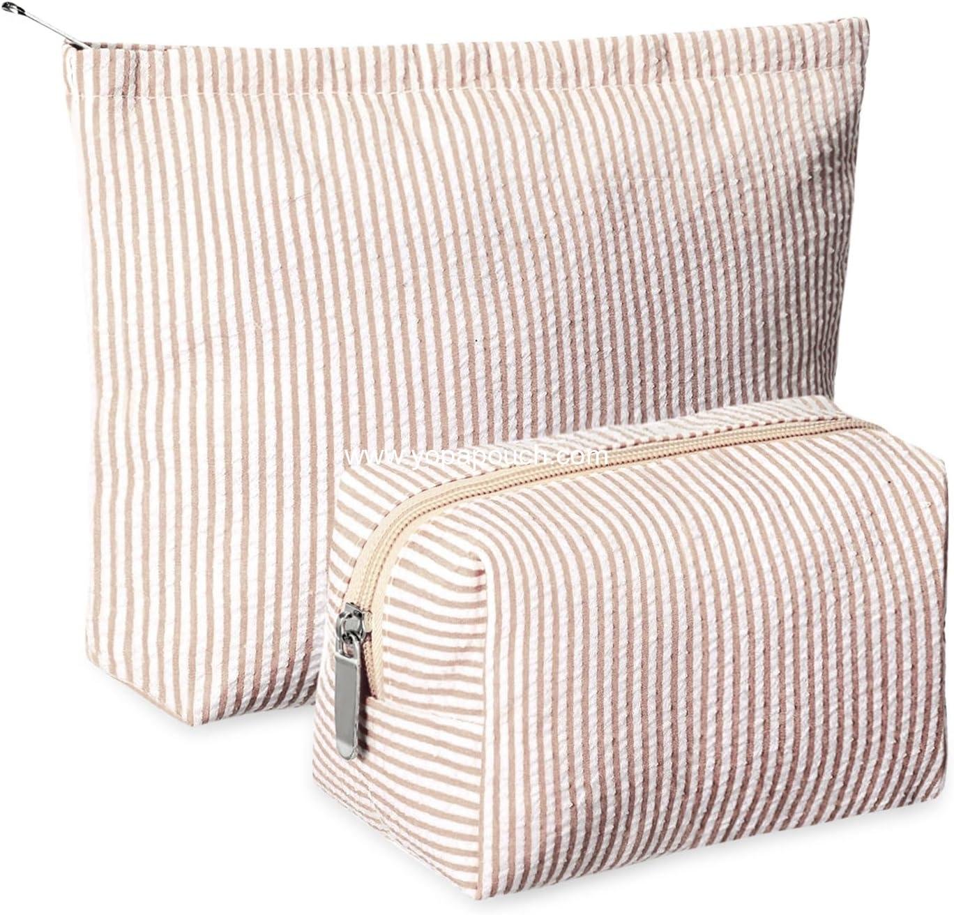 Wholesale 2-Piece Makeup Bag Set Cute Cosmetic Pouch for Women Seersucker Travel Toiletry Organizer Preppy Small Makeup Purse Aesthetic Skincare Brushes Storage for Christmas (Khaki) Supplier