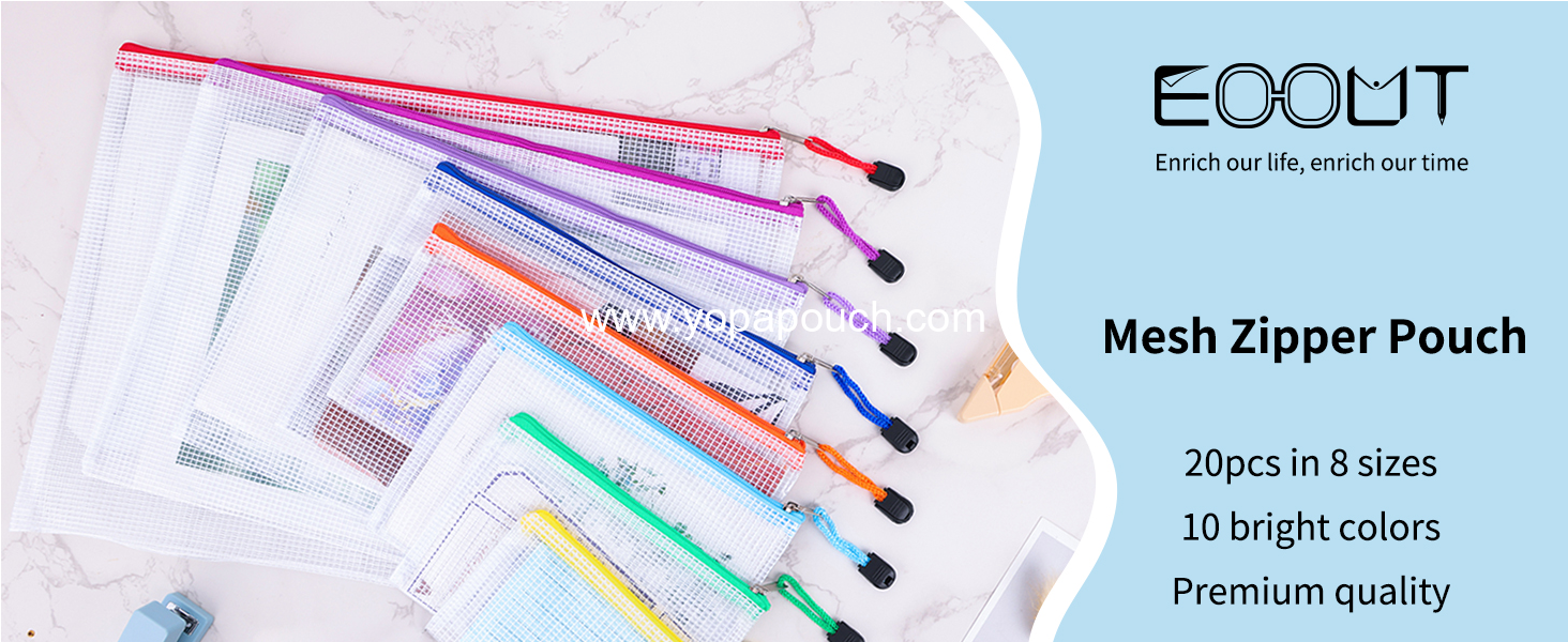 Wholesale 20pcs Mesh Zipper Pouch, Waterproof Zipper Bags, 8 Size Options, 10 Color Variety, Multipurpose for Travel Storage, School Supplies, Office Tools, Home Organization - Supplier