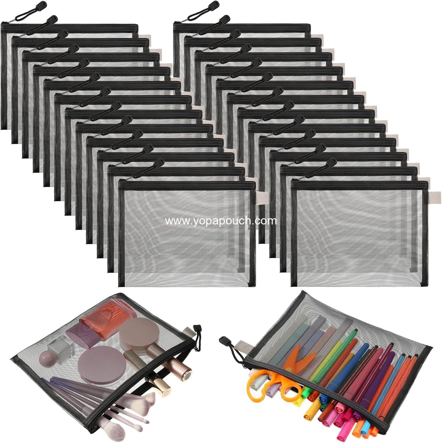 Wholesale 25 Pcs Zipper Nylon Mesh Pouch, Portable Organizing Pouches for Cosmetic Toiletry Travel Office, 9 x 7 Inches, Black Manufacturer