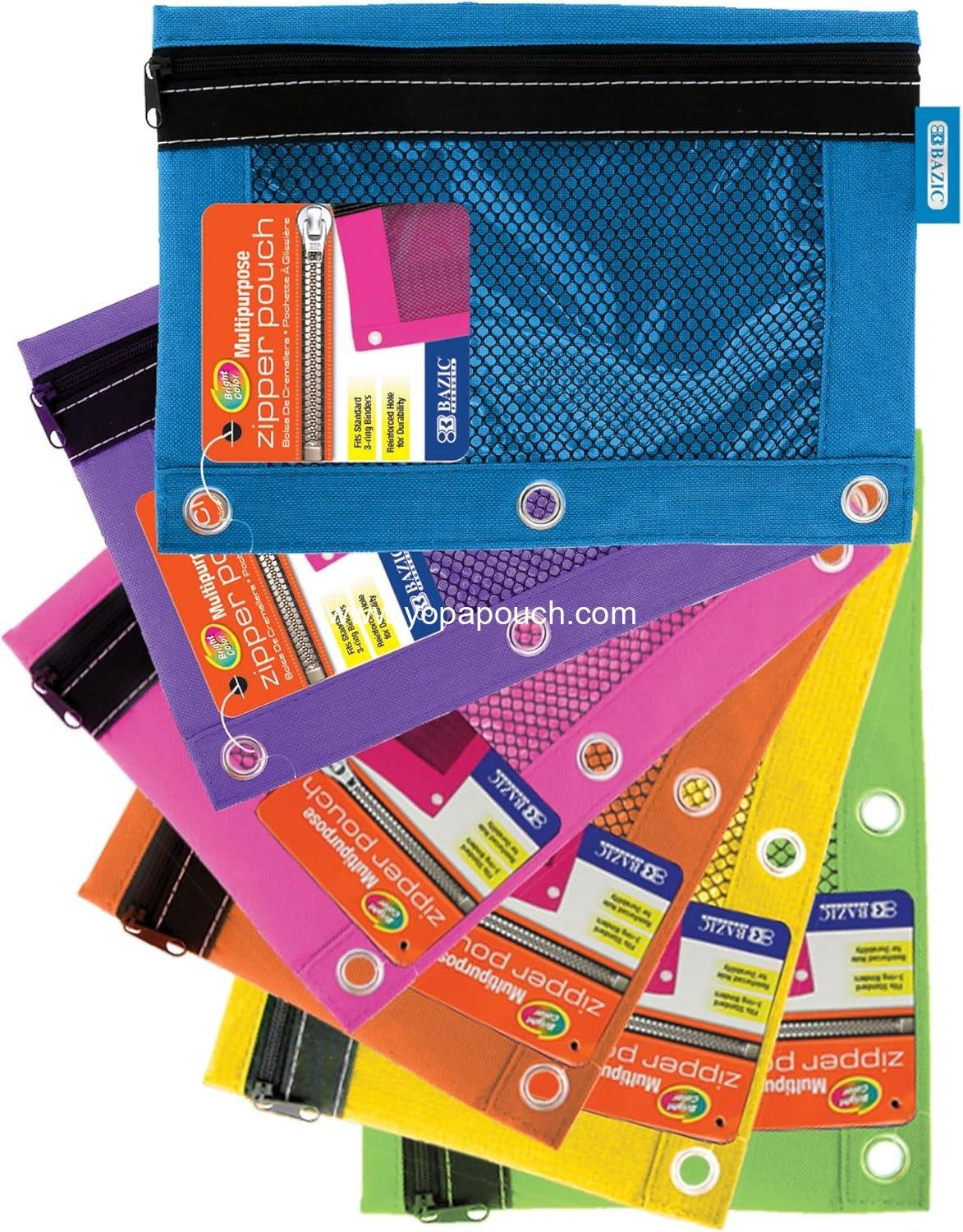 Wholesale 3-Ring Bright Color Pencil Pouch with Mesh Window, 24-Pack