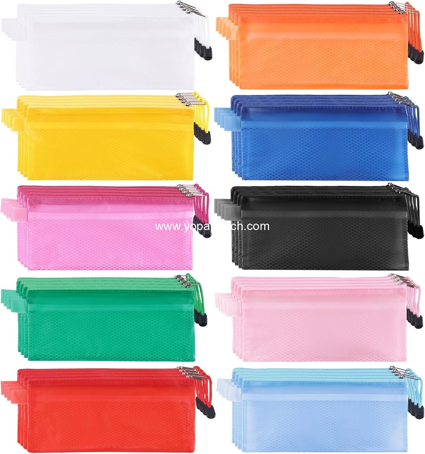 Wholesale 36pcs Waterproof Plastic Double Layer Zipper File Bags 9 x 4.5 inches Invoice Pouches Bill Bags Pencil Cases Pen Bags (8 Colors) Supplier