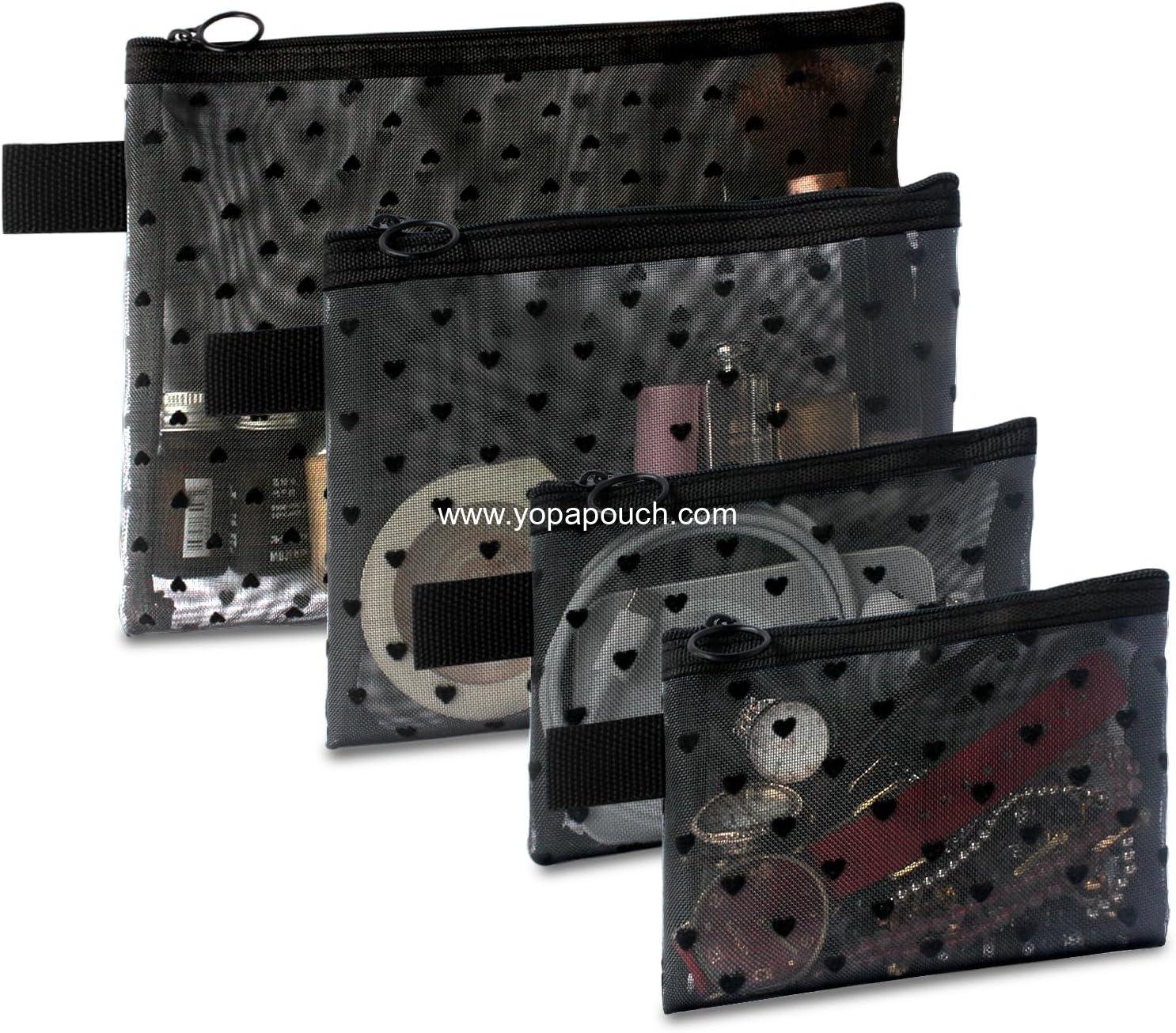 Wholesale 4-Piece Heart Printed Mesh Makeup Bag Set - Portable Travel Cosmetic and Toiletry Pouches with Zipper Storage for Home and Travel Accessories (Black) Supplier