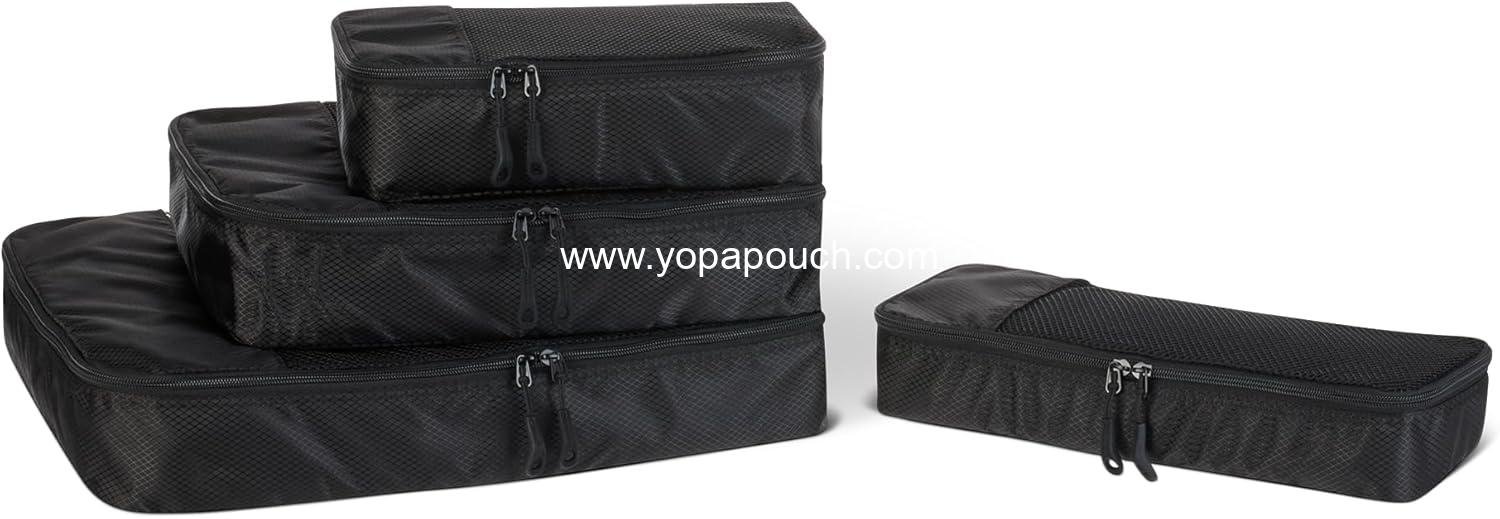 Wholesale 4-Piece Packing Cubes Travel Accessories Set, Luggage Organizer with Double Zipper, Mesh Top, 100% Polyester in Small, Medium, Large, and Slim Sizes, Black - Supplier