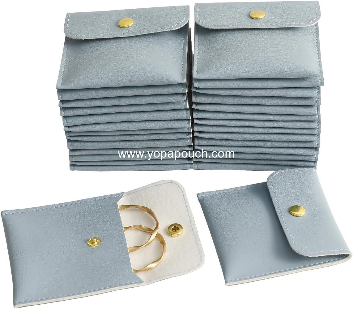 Wholesale 40pcs PU Leather Small Jewelry Bags 8 x 8cm with Snap Button in Light Blue - Luxury Favor Packaging for Earrings, Necklaces, Bracelets, Rings - Supplier