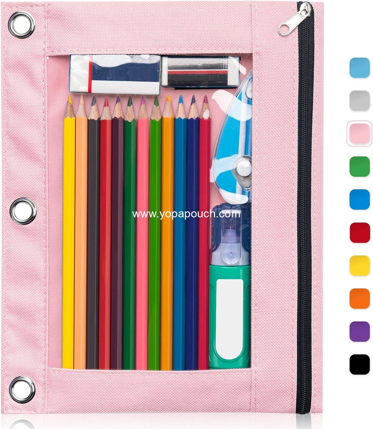 Wholesale Binder Pencil Case with Smooth Zipper and Clear Window, Large Capacity Pencil Pouch for 3 Ring Binders, 3 Reinforced Grommets, Pink, Factory Wholesale Binder Pencil Case with Smooth Zipper and Clear Window, Large Capacity Pencil Pouch for 3 Ring Binders, 3 Reinforced Grommets, Pink, Factory