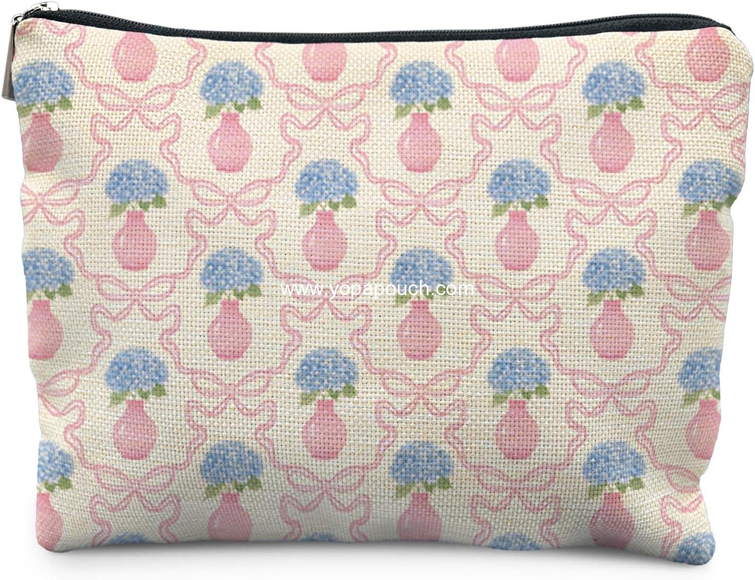 Wholesale Blue Hydrangea Flower Makeup Bag for Women with Preppy Pink Bow, Zipper Cosmetic Pouch and Hydrangea Gifts for Women  factory