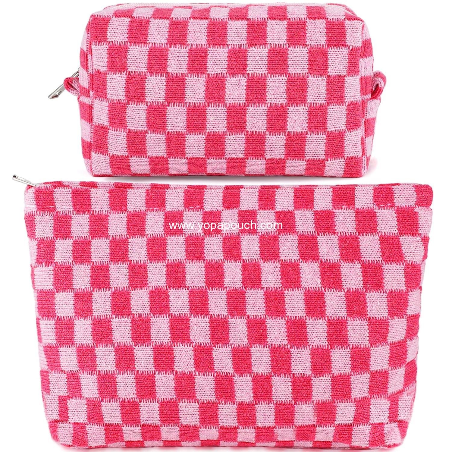 Wholesale Checkered Makeup Bag Set - Travel Toiletry Bags for Purse - Large & Small Pouches for Women - Cute Preppy Pencil Case - Pink Zipper Skincare Bags - Supplier