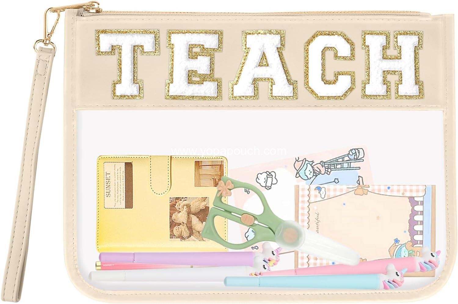 Wholesale Clear Makeup Bag Pouch with TEACH Chenille Letter, Monogram PVC Zipper Cosmetic Bag with Wristlet for Teacher Appreciation, Graduation, Retirement Gifts for Women (Beige) - Supplier