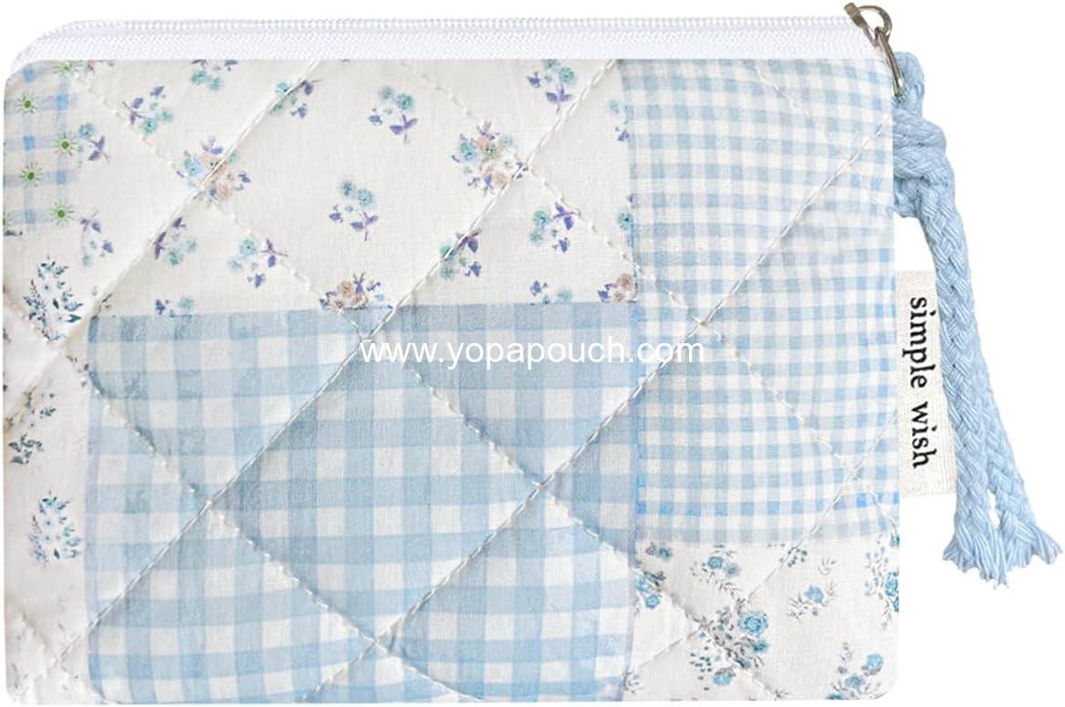 Wholesale Cotton Quilted Floral Coin Purse Digital Camera Pouch with Cute Prints Zipper for Women Girls (BLUE PATCH) - Supplier