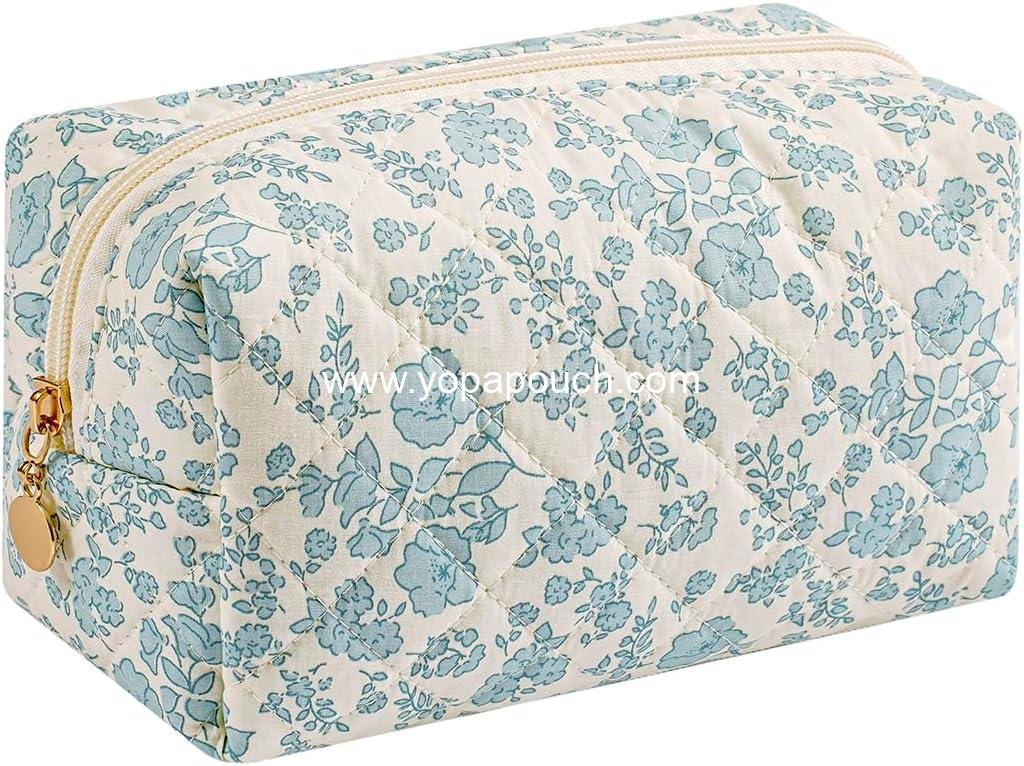 Wholesale Cute Floral Makeup Bag Small Cotton Quilted Cosmetic Travel Accessories Gift for Women Girls (Blue Floral) Manufacturer