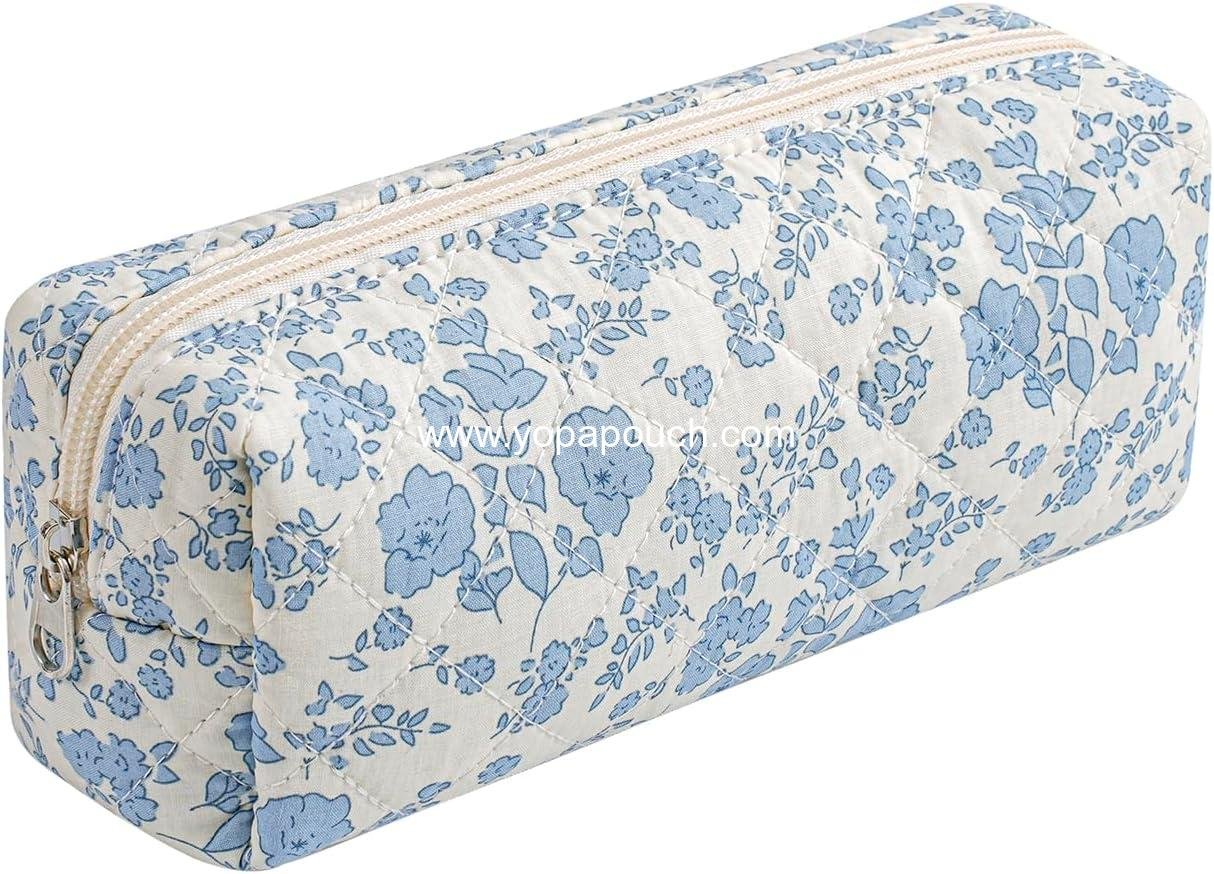 Wholesale Cute Floral Makeup Brush Bag Small Cotton Quilted Cosmetic Bag for Women Travel Toiletry Zipper Pouch (Blue Floral) Supplier