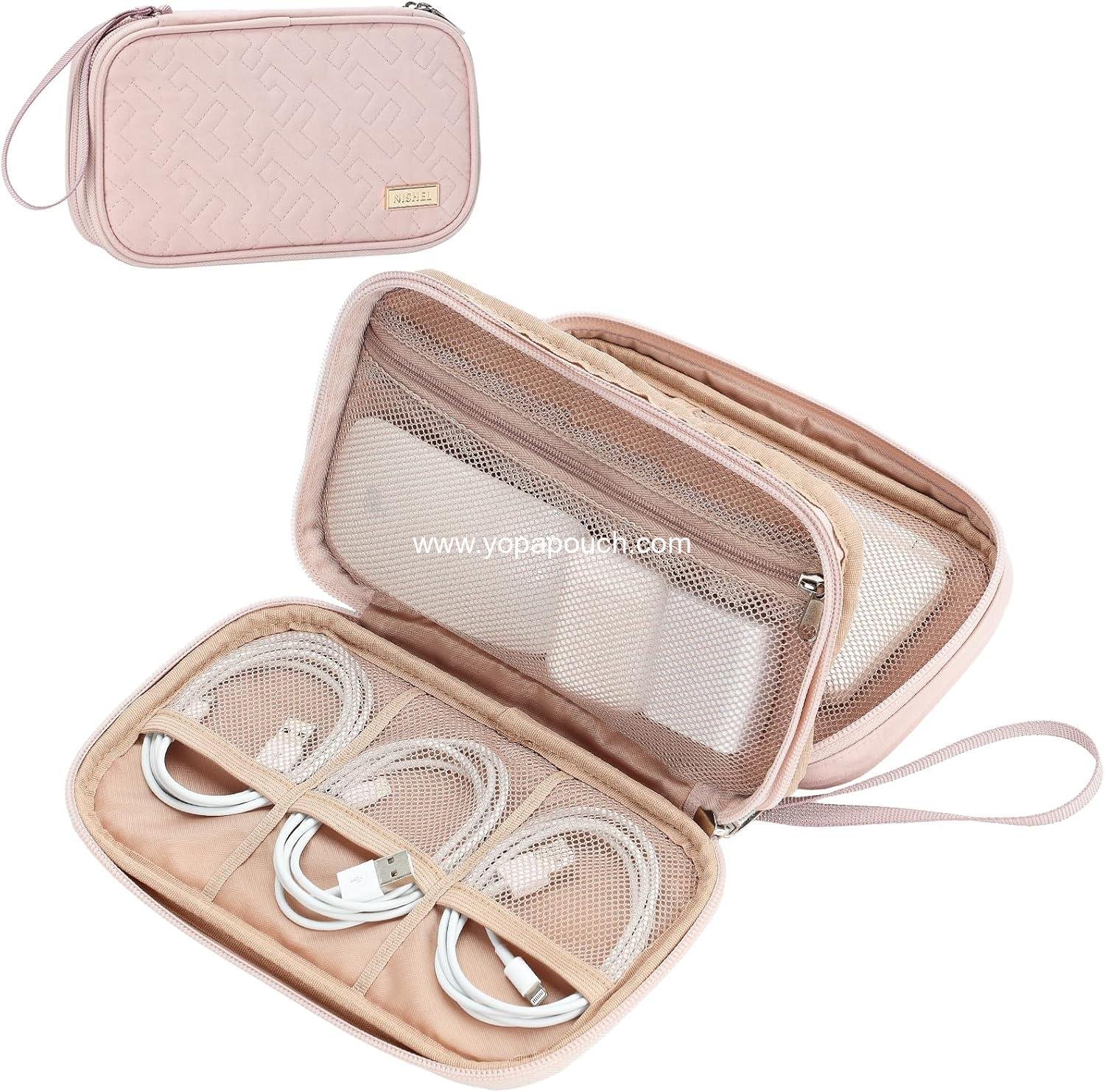Wholesale Double Layer Travel Cord Organizer Case for Tech Accessories – Charger, Cable, Phone, Flash Drive, Medium Size, Pink Supplier