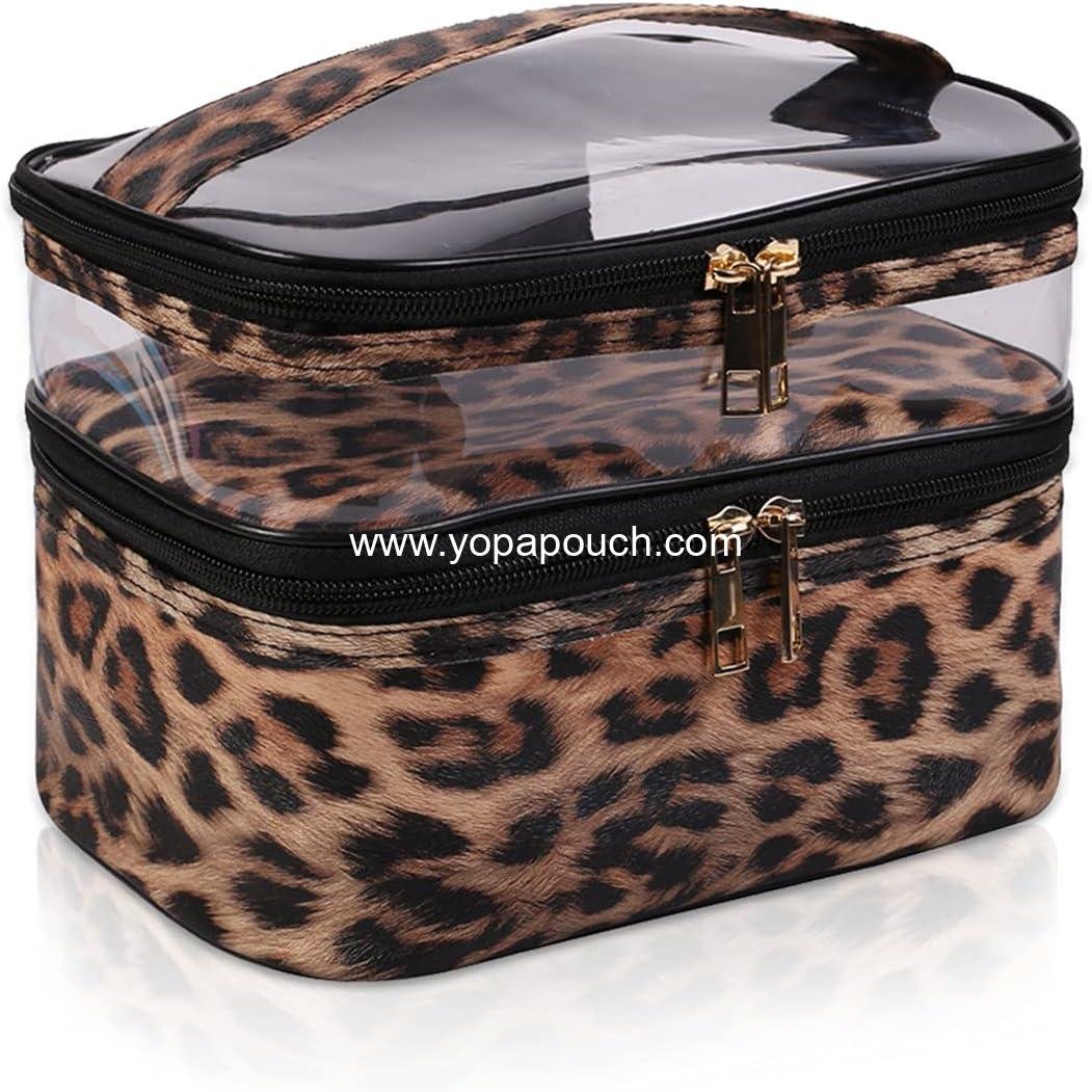 Wholesale Double-layer Portable Cosmetic Bag Waterproof Makeup Case for Women Travel (Leopard) Supplier