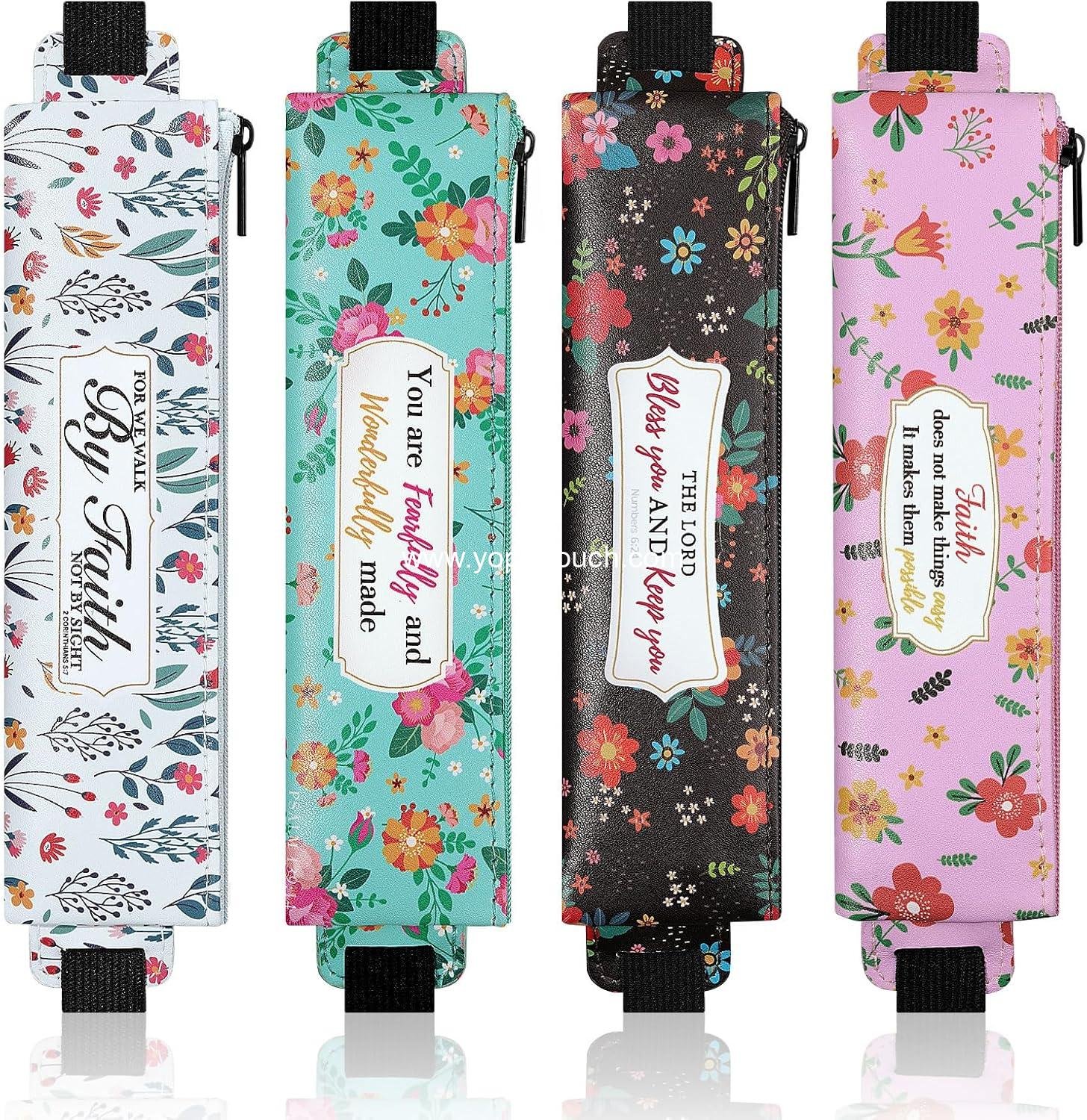 Wholesale Elastic Pen Holder for Notebook, 4 Pieces PU Leather Pencil Case with Adjustable Band, Zipper Bag for Planners and Journals, Supplier