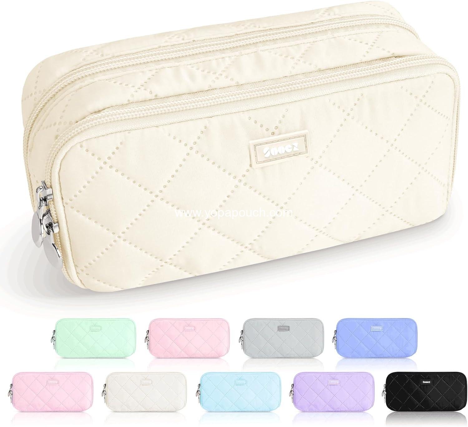 Wholesale Extra Large Pencil Case Pouch with 8 Compartments, Wide Opening Soft Quilted Organizer with Zipper, Portable Bag for Teen Girls, Beige - Supplier