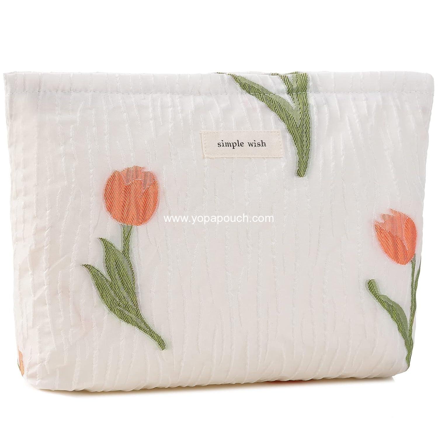 Wholesale Floral Zipper Makeup Pouch for Women - Small Cute Flower Cosmetic Bag, Toiletry Bag, Pencil Case, Portable Organizer, Canvas Aesthetic Gift (Tulip) - Supplier