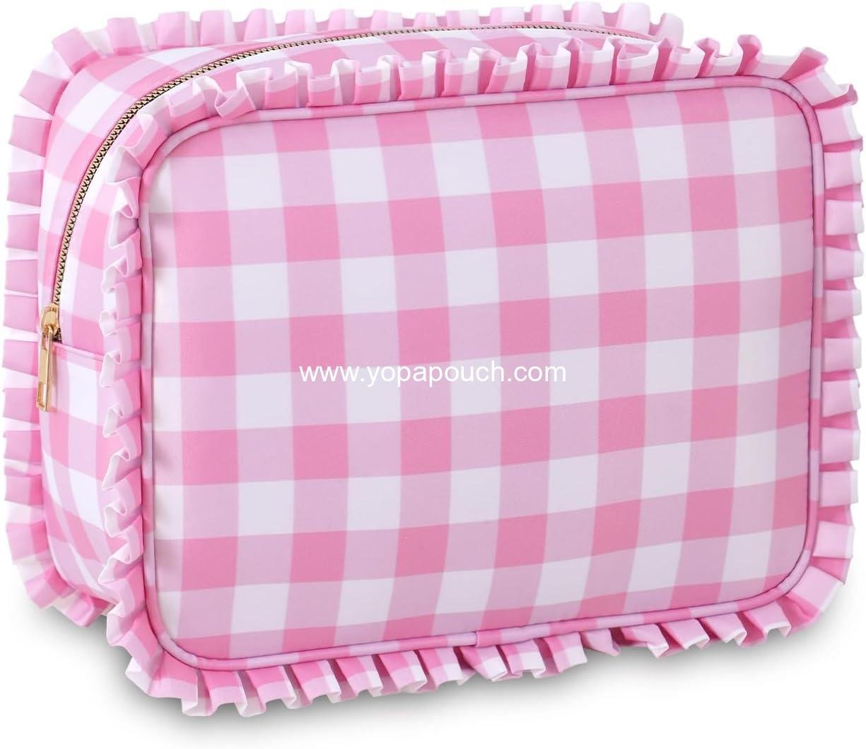Wholesale Gingham Ruffle Makeup Bag, Large Pink Cosmetic Organizer 10.8 x 4.5 x 8 inches for Women and Girls, Toiletry Bag - Supplier