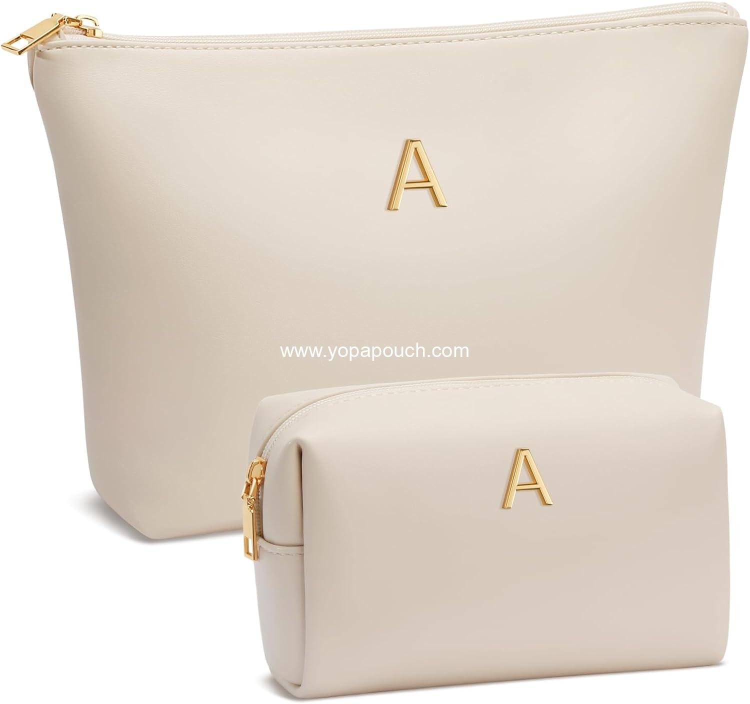Wholesale Initial Makeup Bag Set for Girls - Personalized Gifts for Bridesmaids, Friends, Graduation, Teachers - PU Leather Cosmetic Travel Toiletry Bag (Beige, A) Supplier