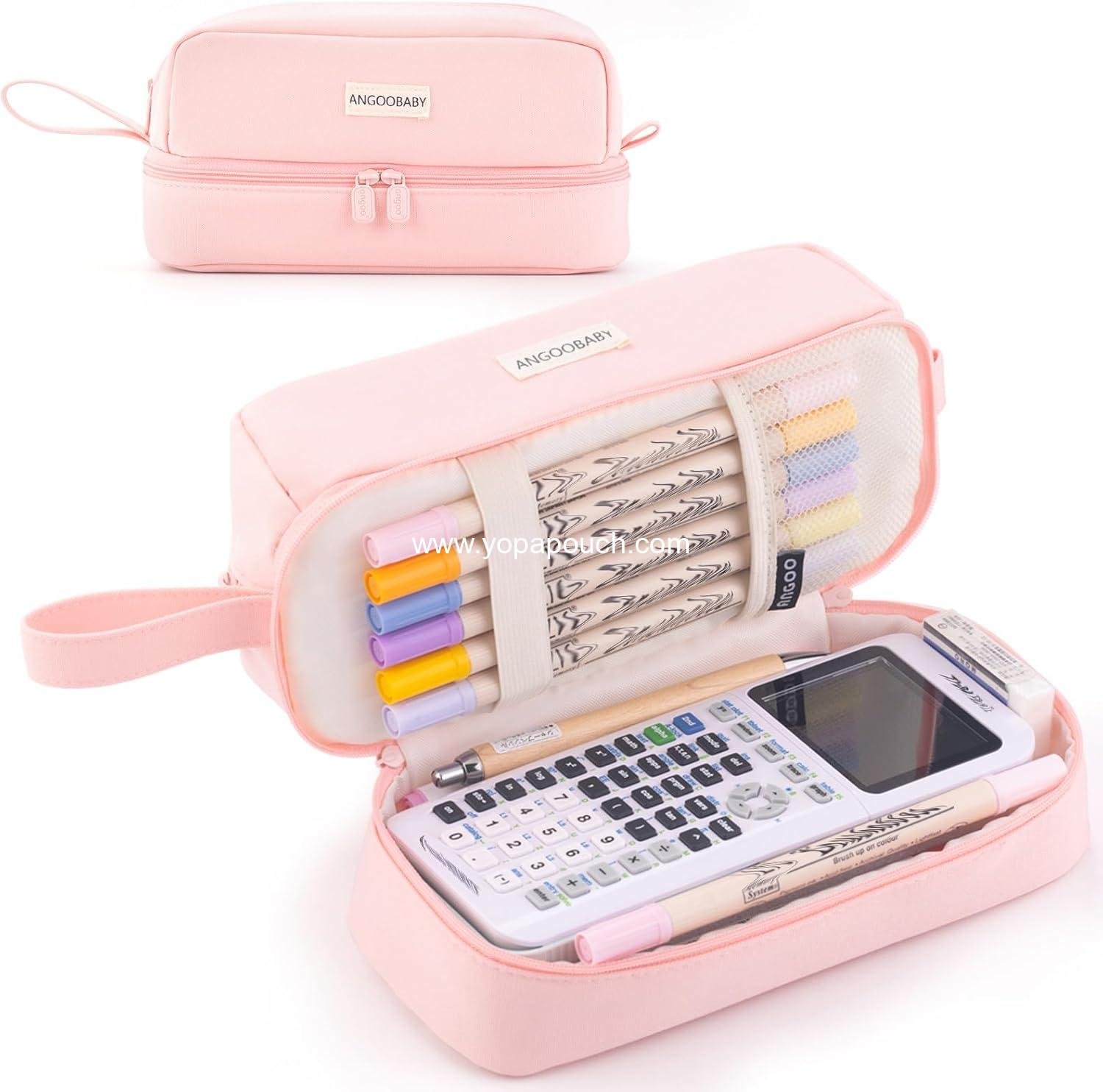 Wholesale Large Capacity Canvas Pencil Case with 2 Compartments for Students and Adults - Pink - Manufacturer
