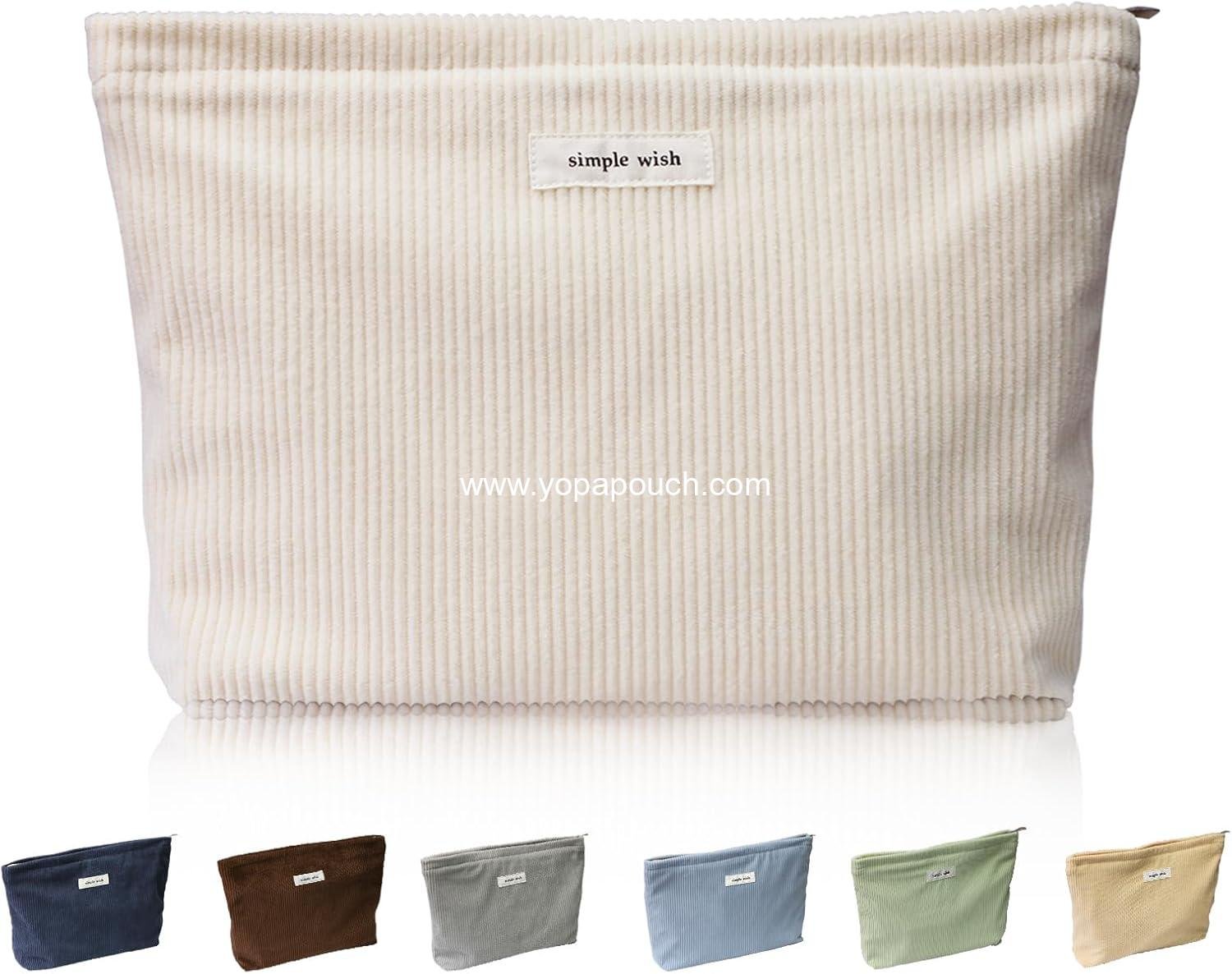 Wholesale Large Capacity Cosmetic Bag for Women, Corduroy Toiletry Handbag with Zipper Pouch (Beige) - Manufacturer