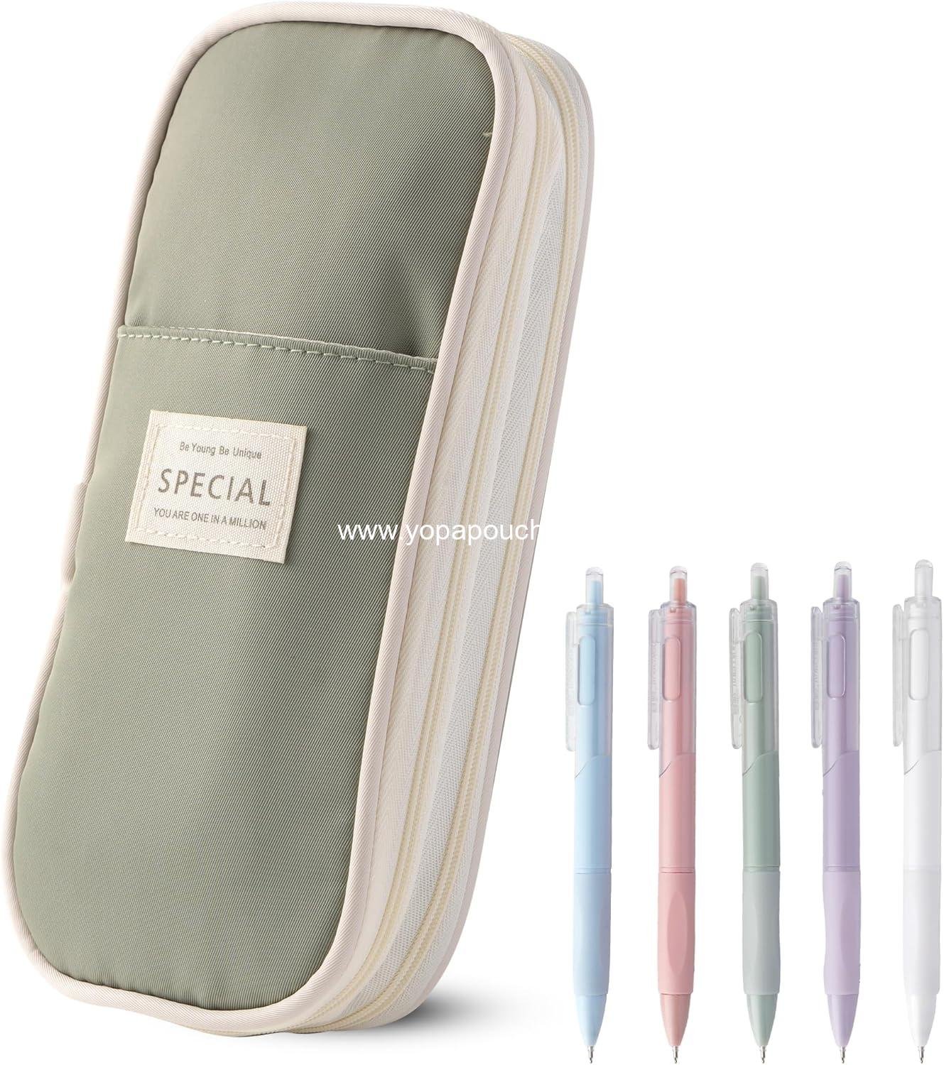 Wholesale Large Capacity Pencil Case with 5 Black Gel Pens (0.5mm) - Big Zipper Pen Bag for Students, Aesthetic School Supplies, Cute Stationery Set for Girls and Women (Green) Manufacturer