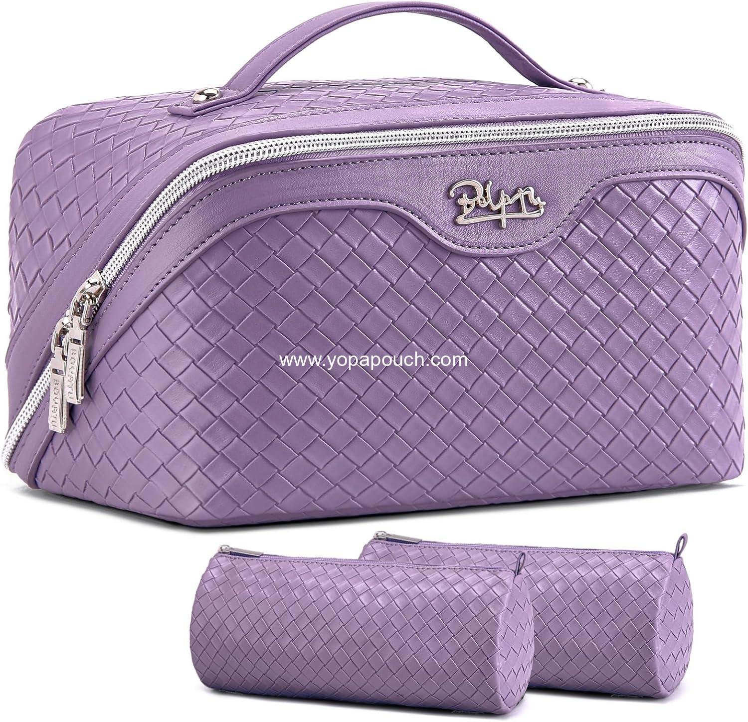 Wholesale Large Capacity Travel Makeup Bag Set - 3 Pcs with Compartments, Waterproof Vegan Leather Toiletry Organizer with Handle (L01 Purple) - Supplier