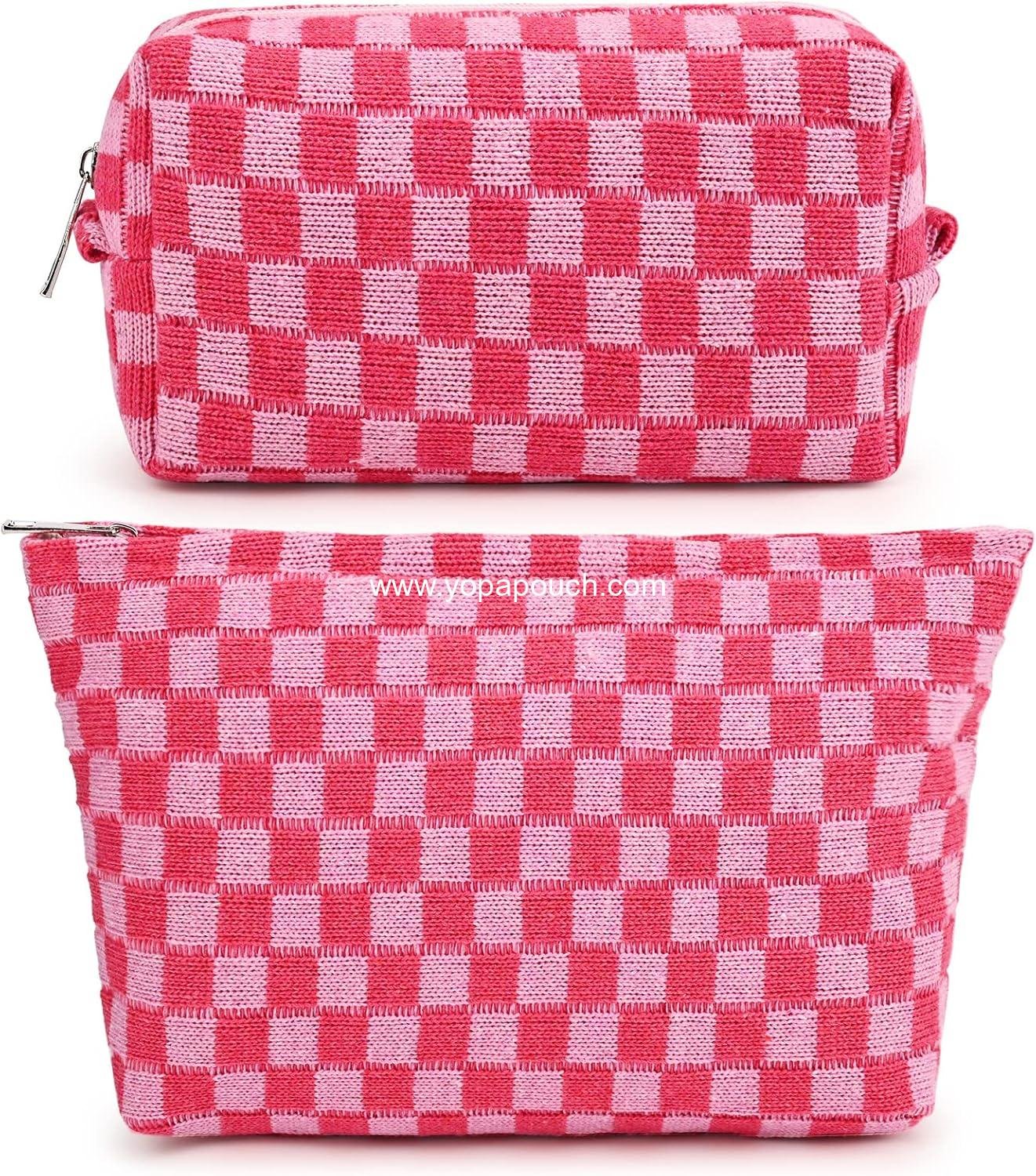 Wholesale Large Checkered Makeup Bag - 2 Pieces Canvas Travel Toiletry Organizer for Women, Cute Aesthetic Storage for Makeup Brushes and Accessories, Mix Rose Red, Supplier