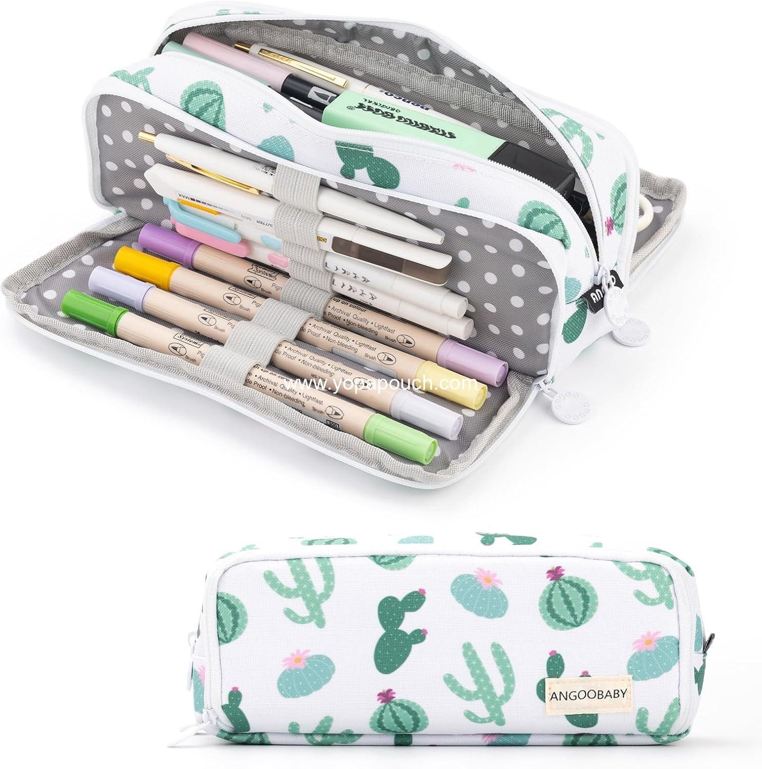 Wholesale Large Pencil Case Big Capacity 3 Compartments Canvas Pouch for Teen Boys Girls School Students (Green Cactus) - Manufacturer