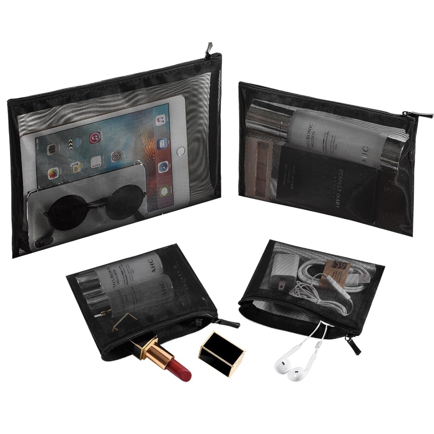 Wholesale Mesh Pouch Makeup Bag with Zipper Cosmetic Organizer for Daily Use or Travel to Keep Small Items, 4 PCS Black - Supplier