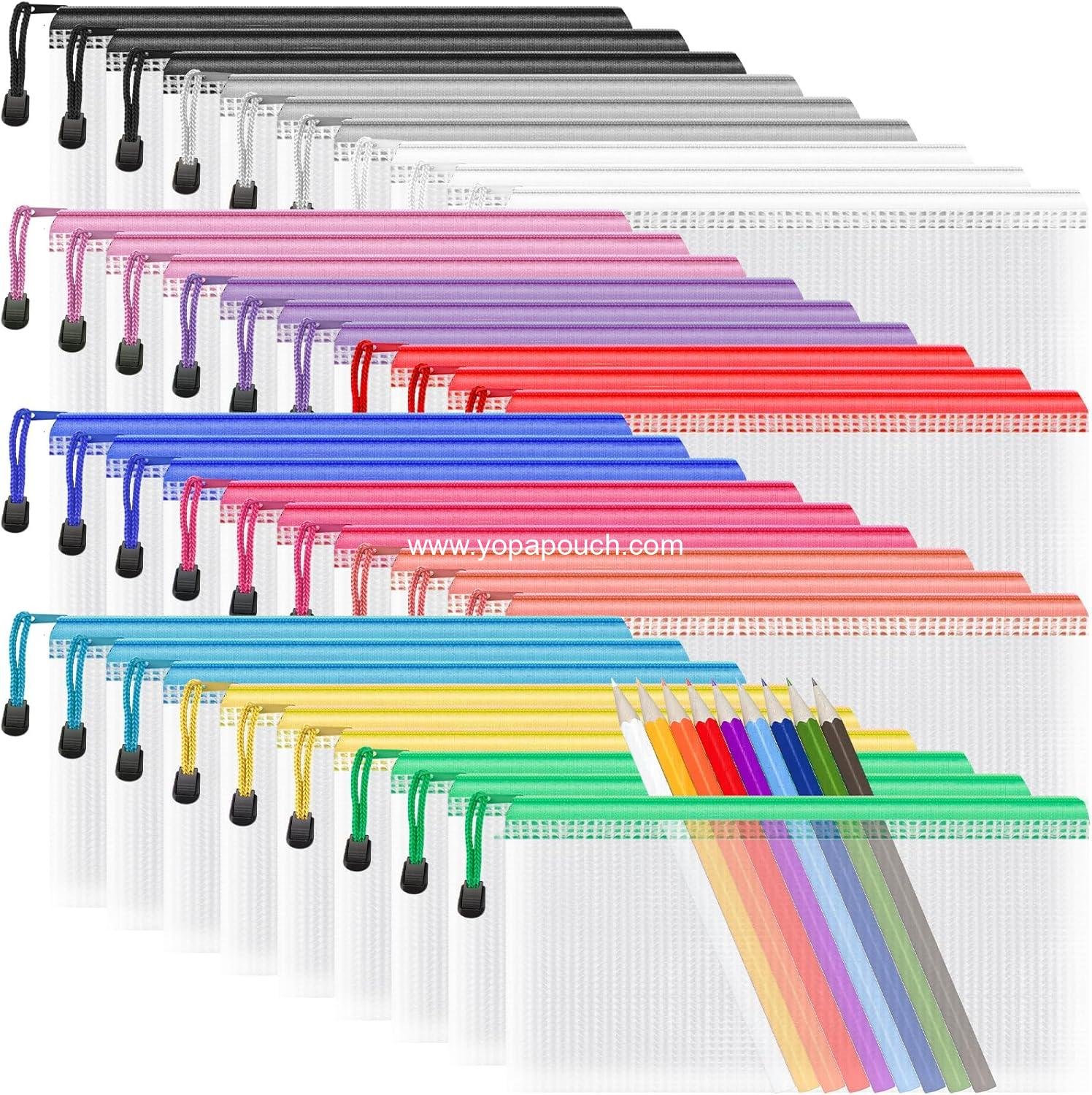 Wholesale Mesh Zipper Pencil Pouches, 9.2 x 4.7 in, 12 Colors, 36 Packs, Small Zipper Cases for Bill, Stationery, Cosmetics, Travel Storage Supplier