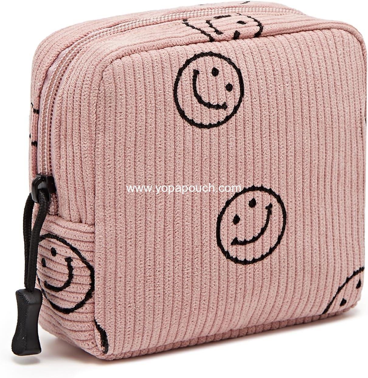 Wholesale Mini Makeup Bag for Purse Cute Zipper Corduroy Cosmetic Pouch Travel Toiletry Organizer for Women Girls (Smiley Face, Pink) - Manufacturer