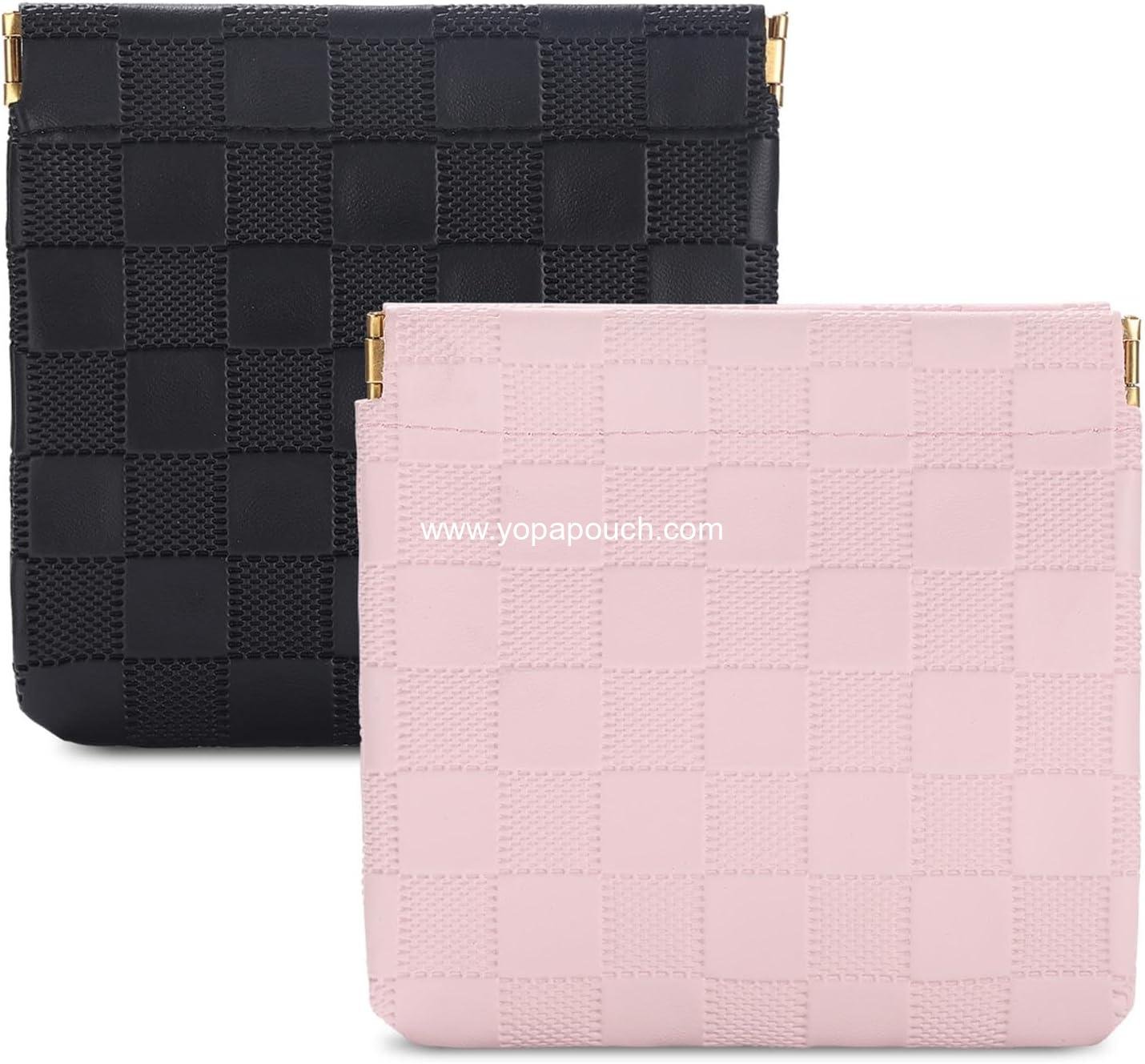 Wholesale Mini Waterproof Cosmetic Bags for Women, Checkered Self-Closing Pouches for Purse, Small Leather Lipstick and Coin Holder (Black, Pink) Supplier