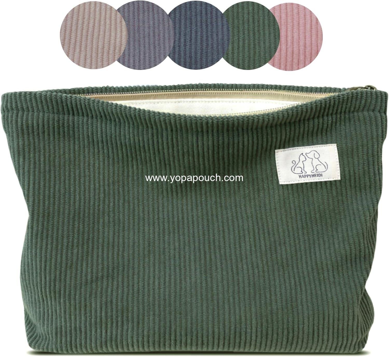 Wholesale Navy Green Corduroy Makeup Bag Cosmetic Toiletry Travel Pouch Makeup Accessory Organizer Canvas Lined Factory