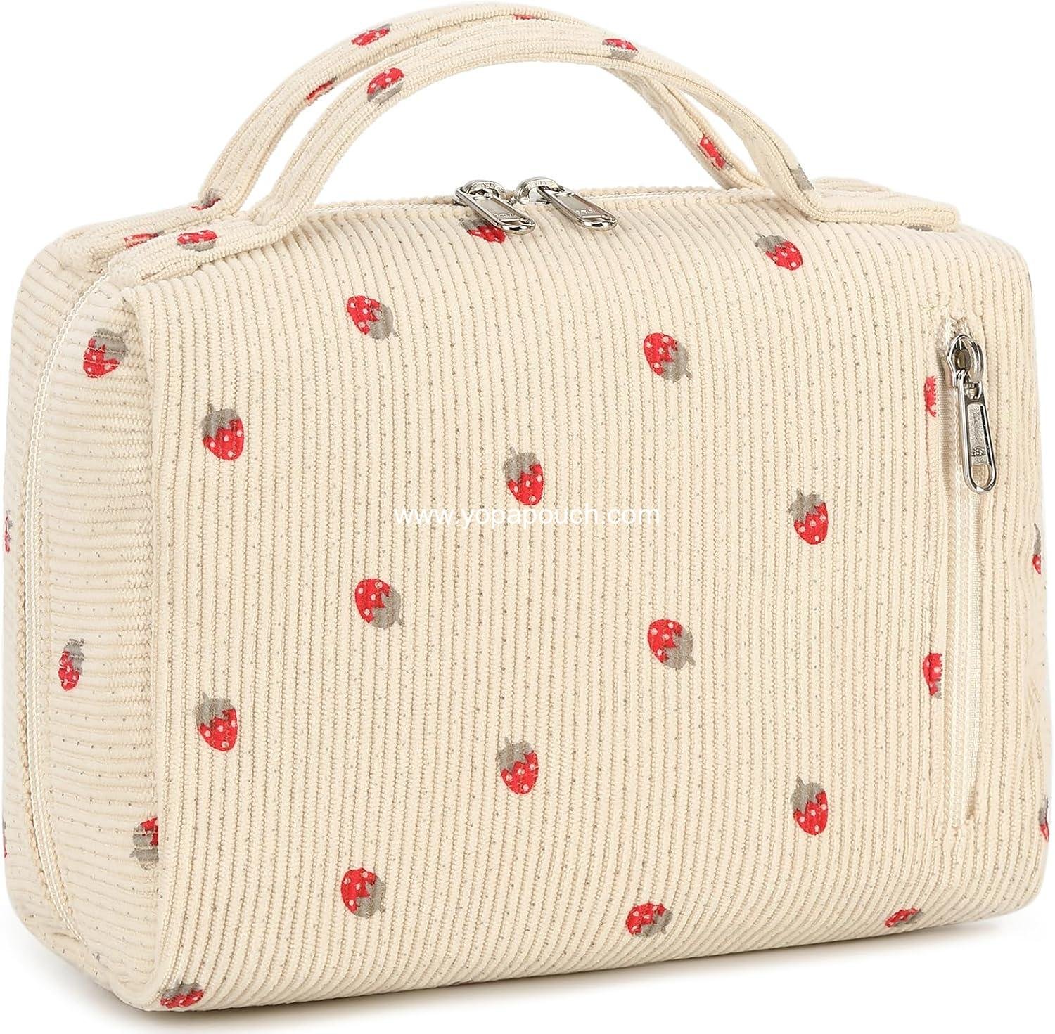 Wholesale Portable Cosmetic Bag Organizer for Women and Girls - Zipper Pouch Travel Toiletry Bag in Strawberry Corduroy Beige - Supplier