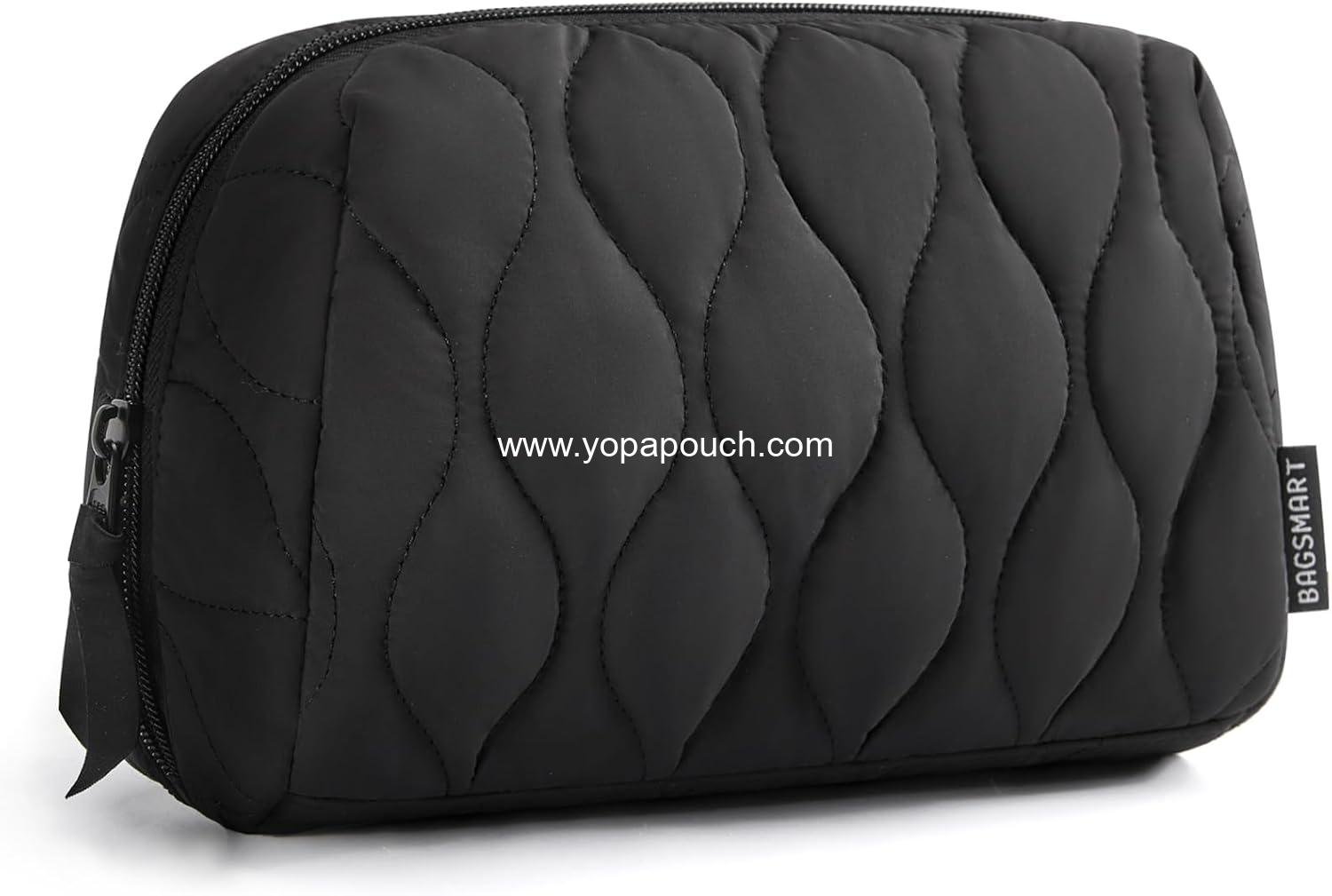 Wholesale Puffy Padded Makeup Bag, Travel Cosmetic Organizer for Women, Wide-open Pouch Purse for Toiletries, Brushes, and Travel Essentials, Black Supplier