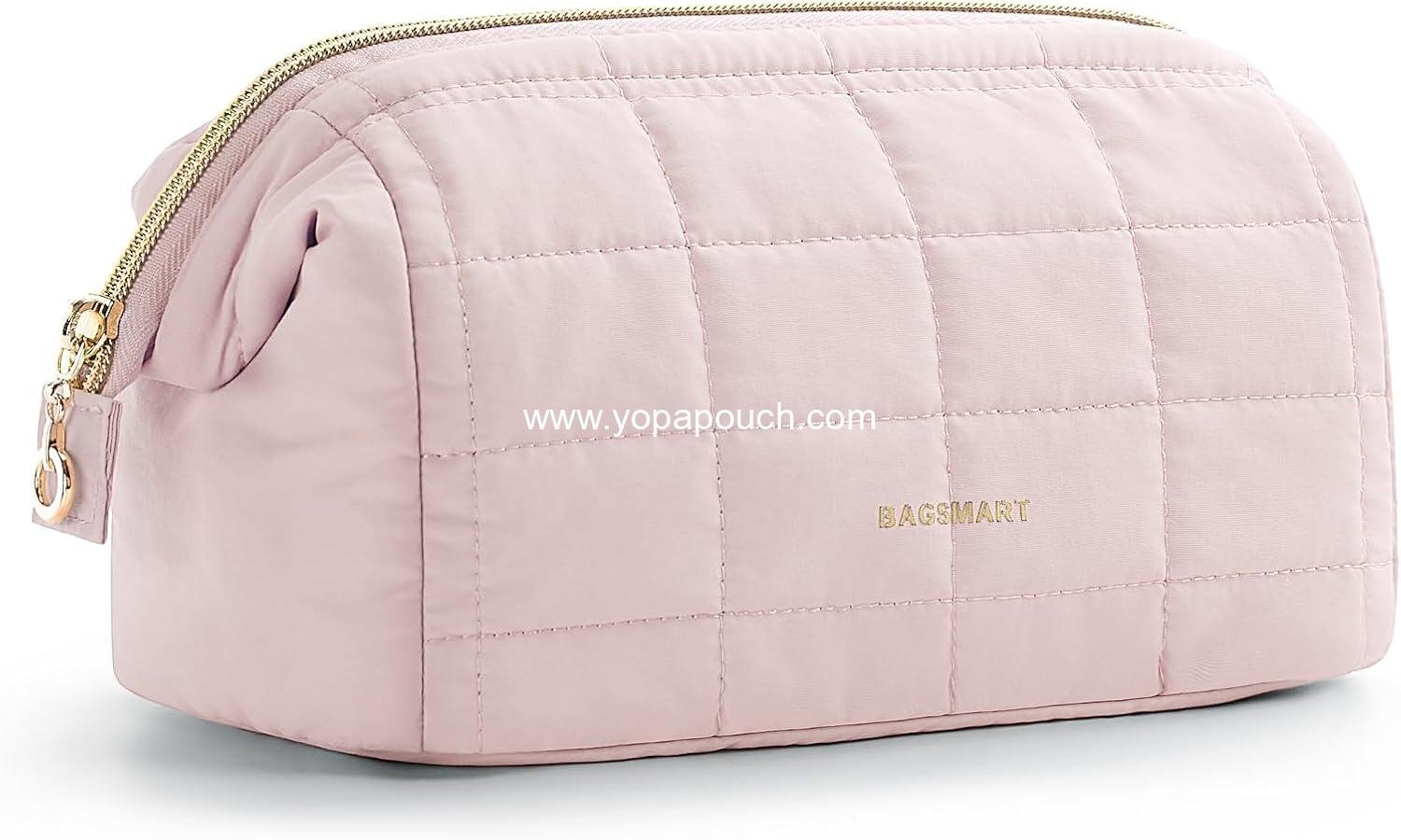 Wholesale Puffy Padded Makeup Bag Travel Toiletry Organizer for Women, Wide-Open Pouch for Travel Essentials, Pink, Factory