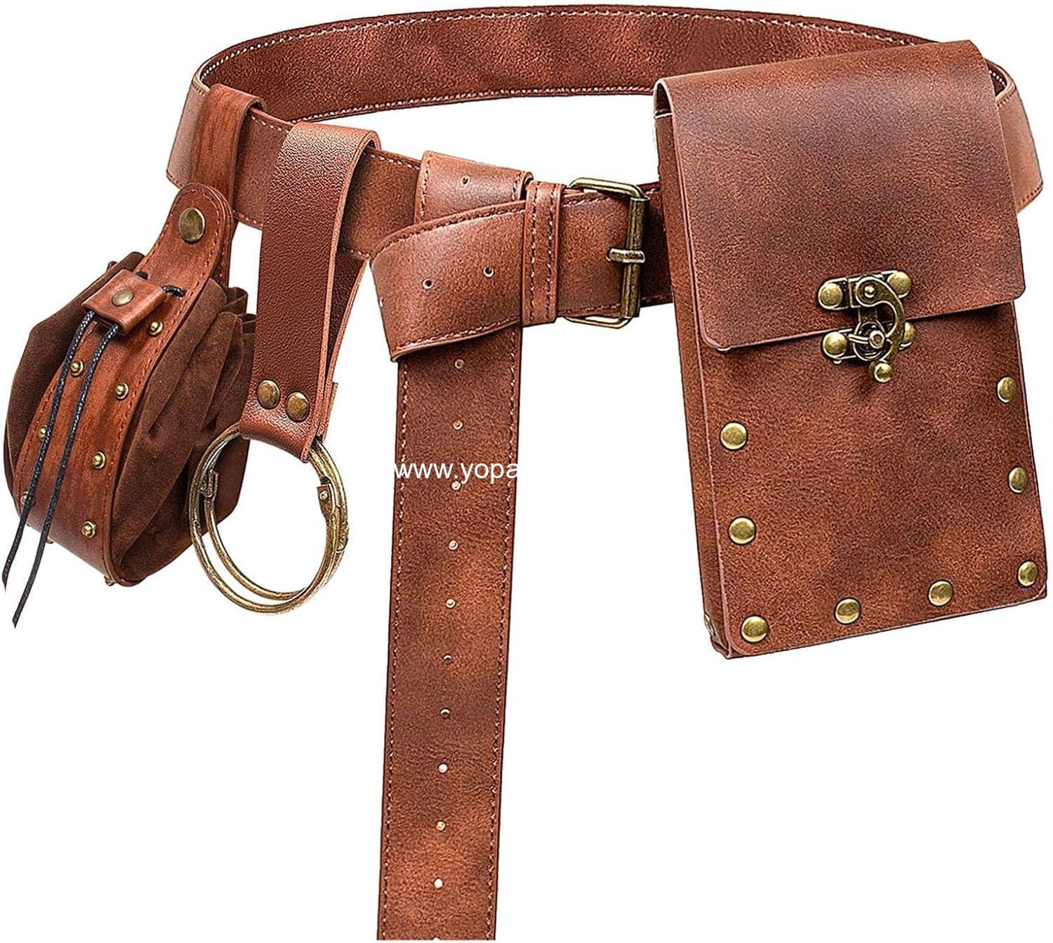 Wholesale Renaissance Belt Pouch Coin Purse Skirt Hike Set Medieval Festival Halloween Accessories Casual Fanny Pack Waist Bag (2 Pouches - Brown) Supplier