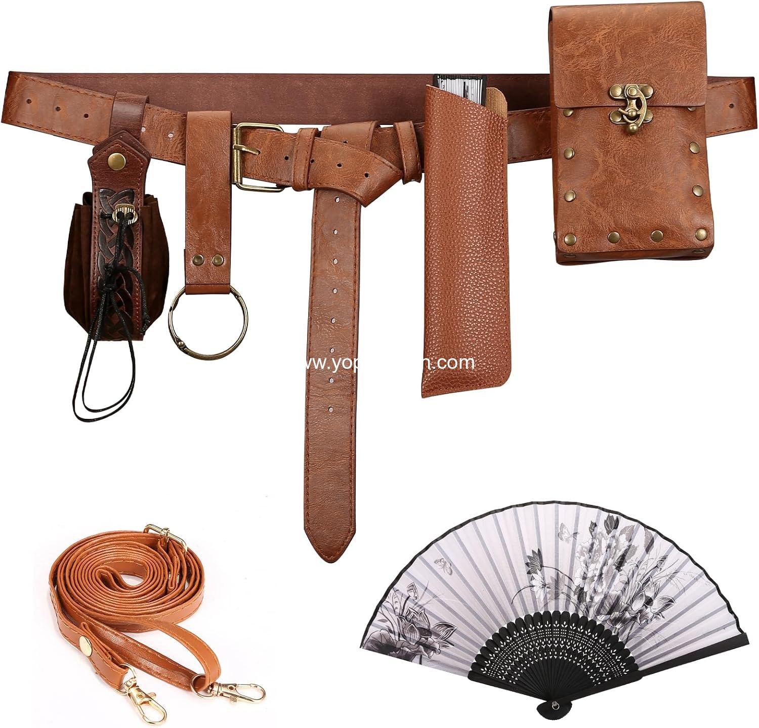 Wholesale Renaissance Pirate Belt Pouch with Fan, Medieval Festival Costume, Halloween Casual Fanny Pack Waist Bag (2 Pouches - Brown) Supplier