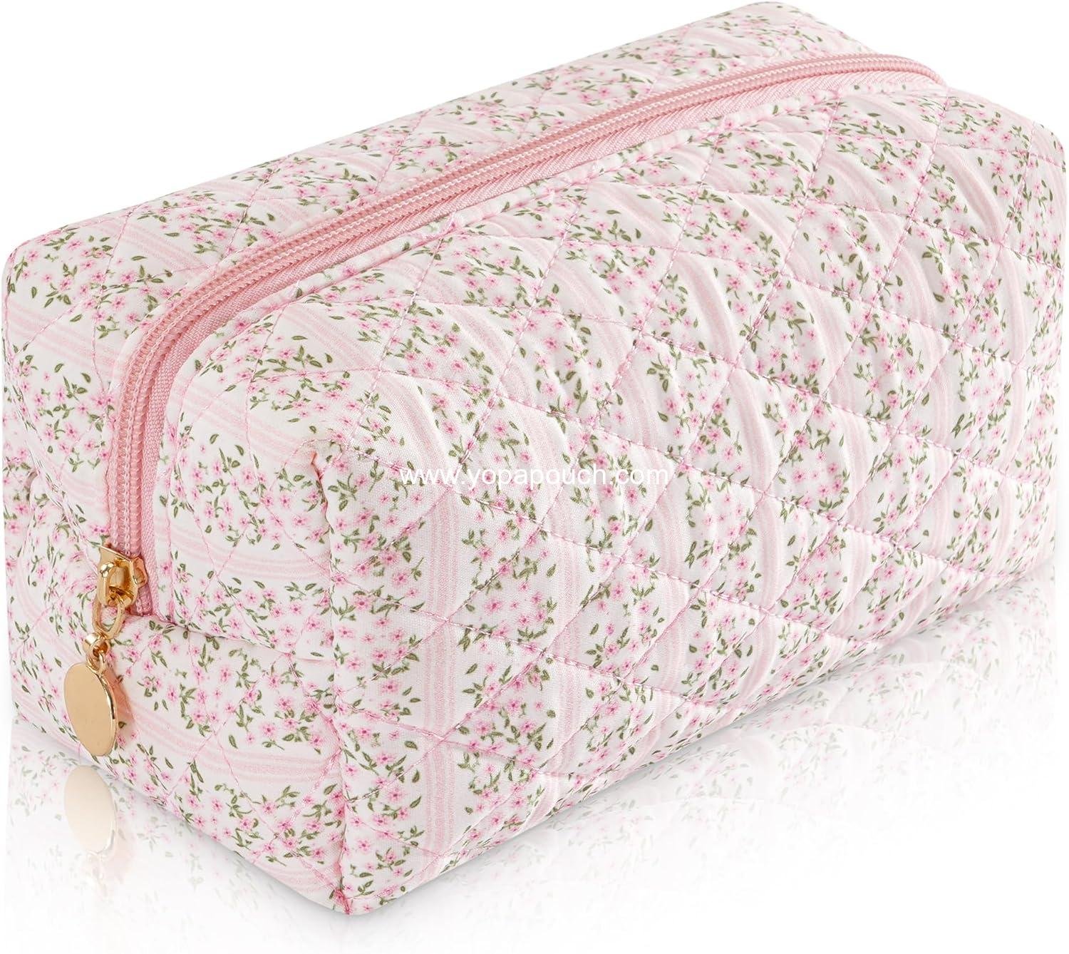Wholesale Small Floral Makeup Bag - Quilted Cotton Travel Toiletry Pouch for Women, Cute Cosmetic Purse, Emergency School Accessory, Pastel Pink Supplier