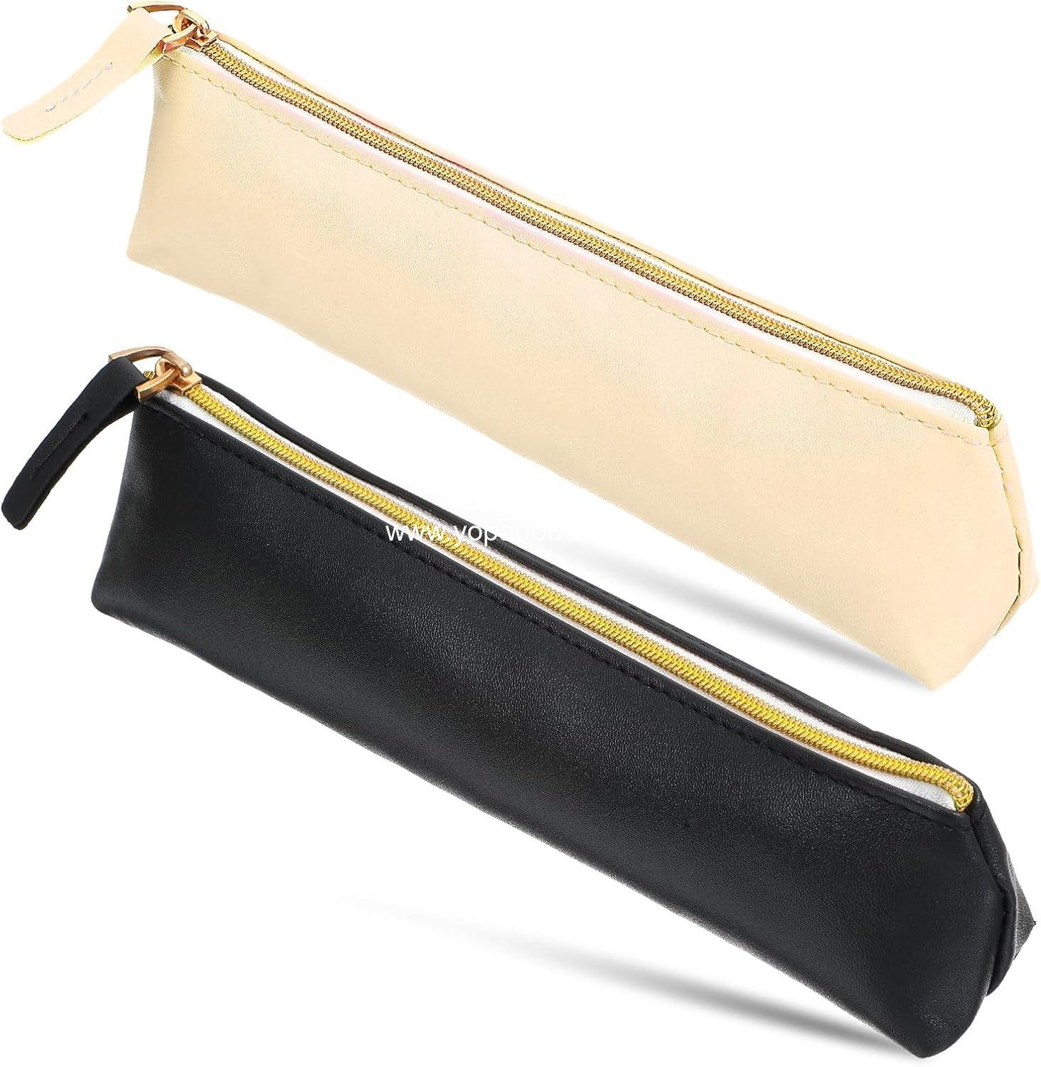 Wholesale Small Pencil Pouch Set - 2 PCS Slim Black & Beige Leather Zipper Case for Pens, Pencils, Markers, Stationery Supplier