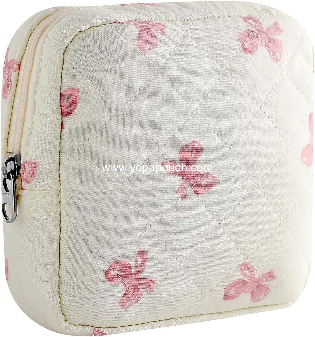 Wholesale Small Quilted Cosmetic Pouch, Mini Cotton Makeup Bag with Compartments and Cute Zipper Lipstick Holder for Women (03 White Bow) - Supplier