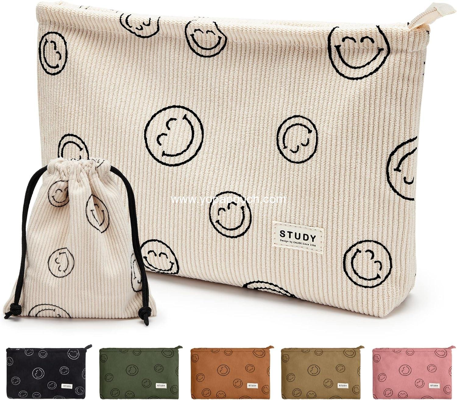 Wholesale Smile Face Corduroy Makeup Bag Set - 2pcs Zipper Waterproof Cosmetic Pouch, Travel Toiletry, Small Pencil Case, Coin Purse for Women - Supplier