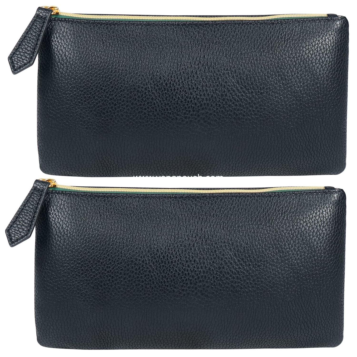 Wholesale Soft Faux Leather Cosmetic Bag Set with 2 Black Makeup Brushes - Zipper Pouch Travel Organizer Case for Purse or Diaper Bag Supplier