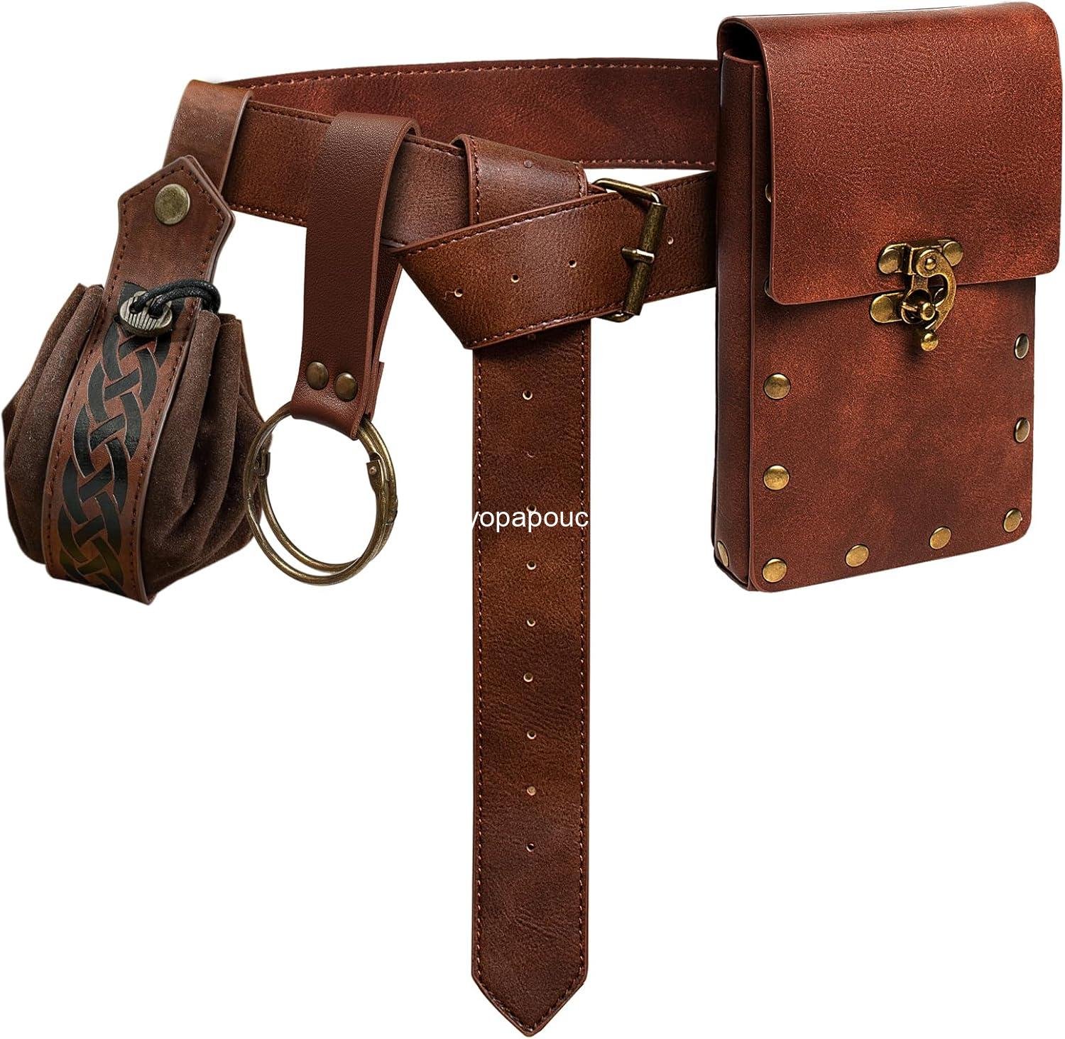 Wholesale Steampunk Fanny Pack Belt Pouch Waist Bag Leather Phone Holder Medieval Costume Accessories (2 Pouches, Brown) Supplier