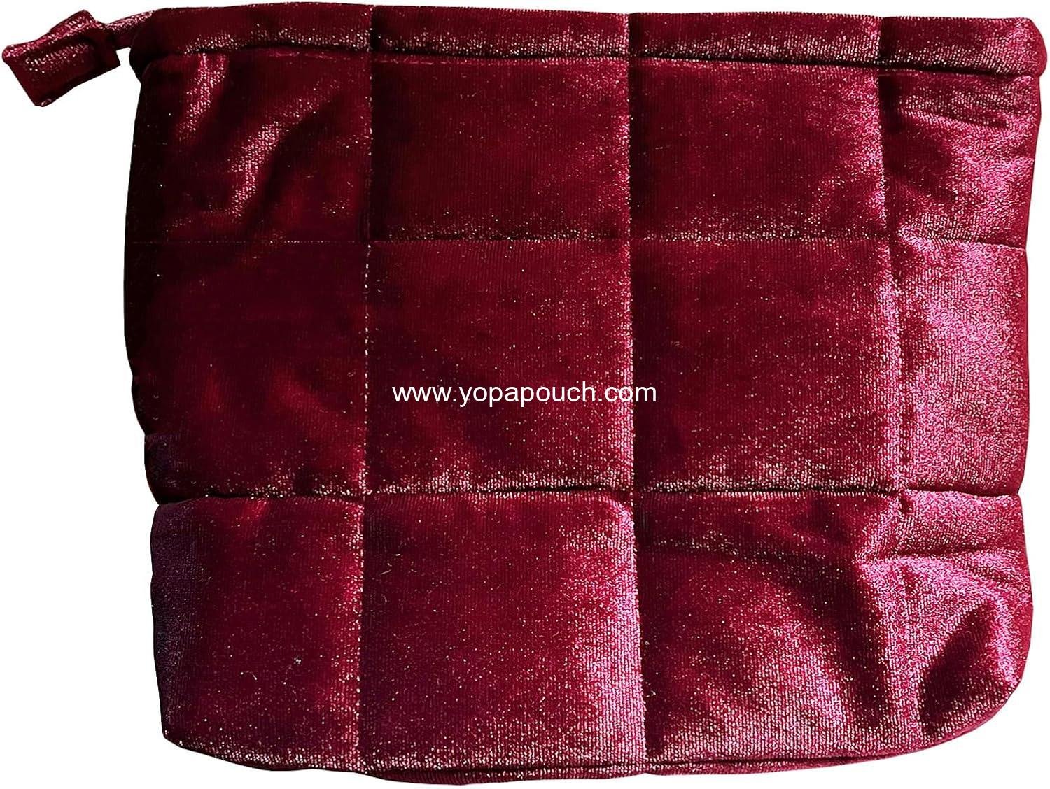 Wholesale Velvet Cosmetic Makeup Bag for Women, Cute Puffy Organizer, Small Travel Toiletry Skincare Pouch Aesthetic Luxury (Wine Red) Supplier
